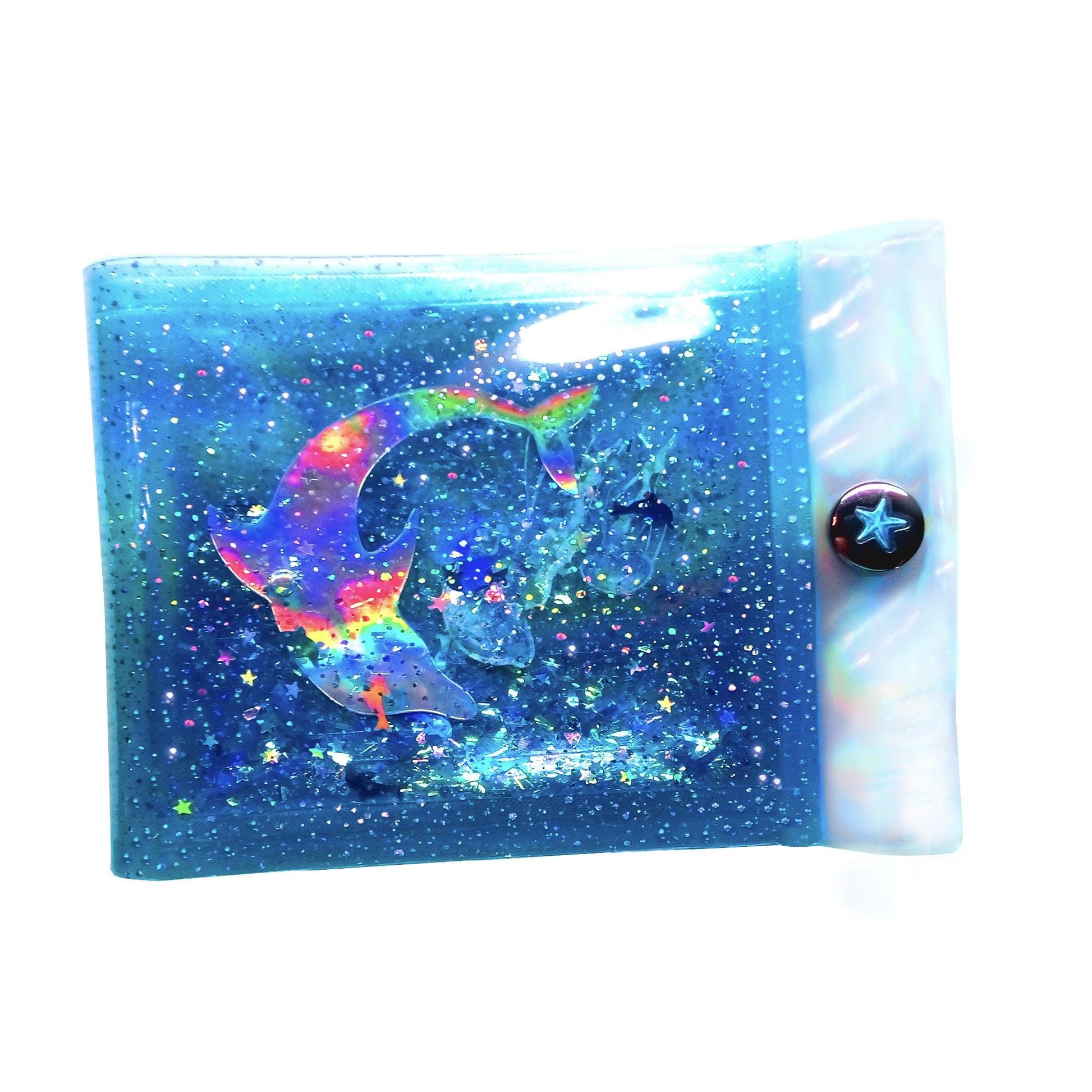 Big Liquid Glitter Jelly Wallet. Holographic Ice Dolphins & Seahorse + Jellyfish Swim in LED Crystal Dots Vinyl. Hypnotising Mirror Effect