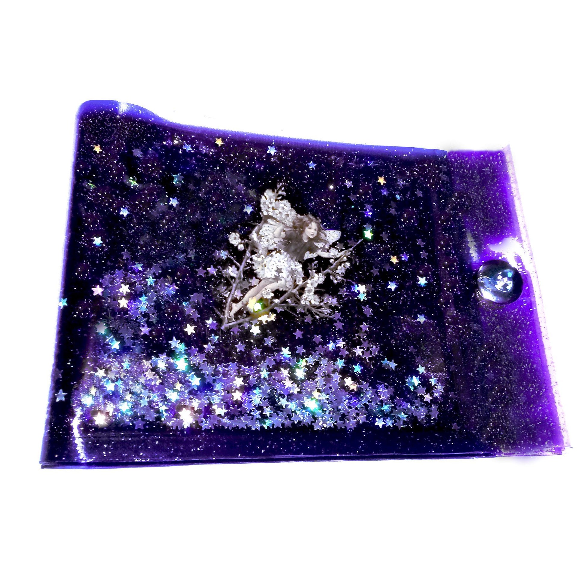 Liquid Glitter Jelly Fairy Wallet. White Flower Child Elf + Holographic Iridescent Multicoloured Star Shimmer Floating. ID Card Coin Purse