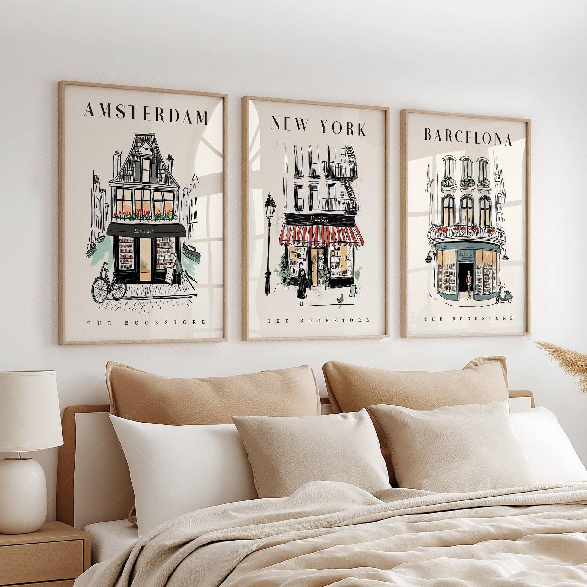Bookstore Art Print Set – NYC Barcelona Amsterdam Travel Poster Collection