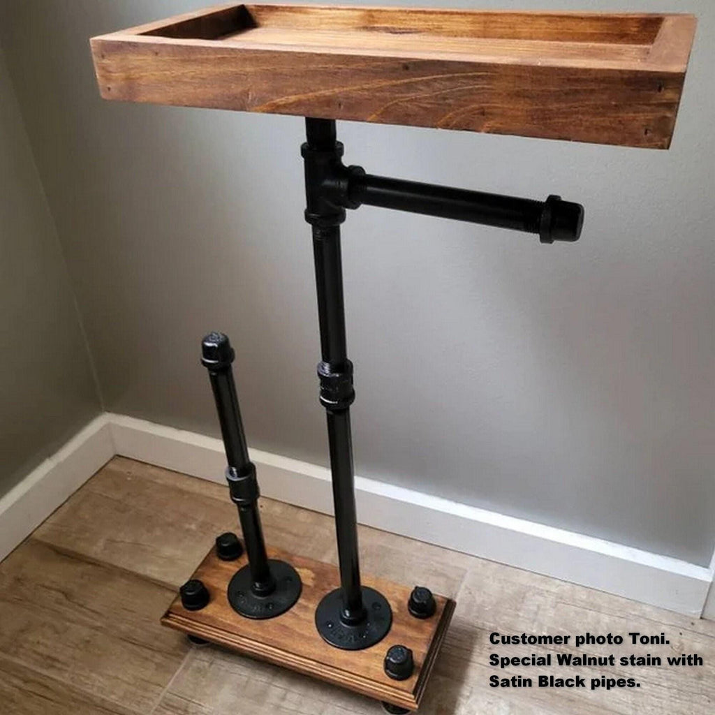 Industrial Toilet Paper Holder with Closed Storage Tray | 4 Roll Freestanding Organizer | Modern Home Bathroom Decor