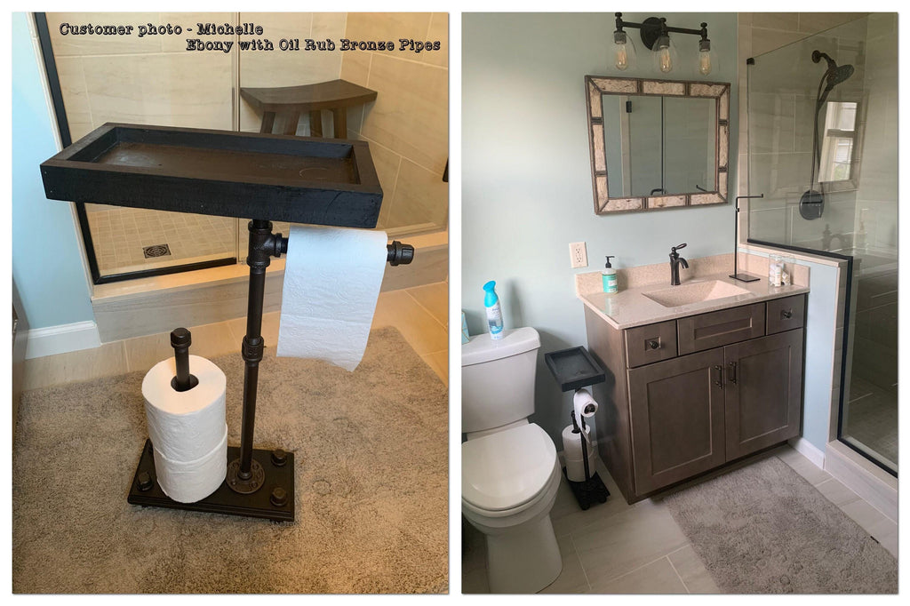 Industrial Toilet Paper Holder with Closed Storage Tray | 4 Roll Freestanding Organizer | Modern Home Bathroom Decor