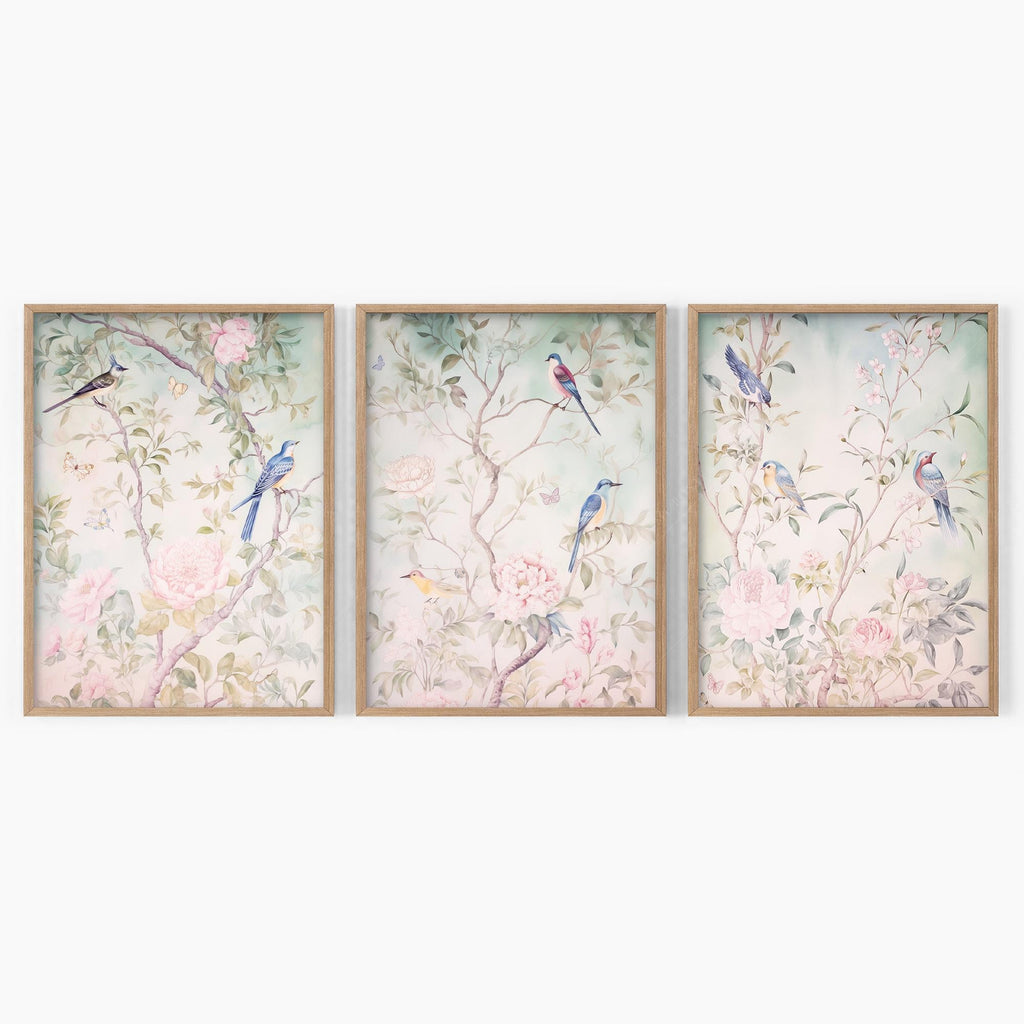 Chinoiserie Bird and Flower Art Prints Set of 3 – Elegant Wall Decor