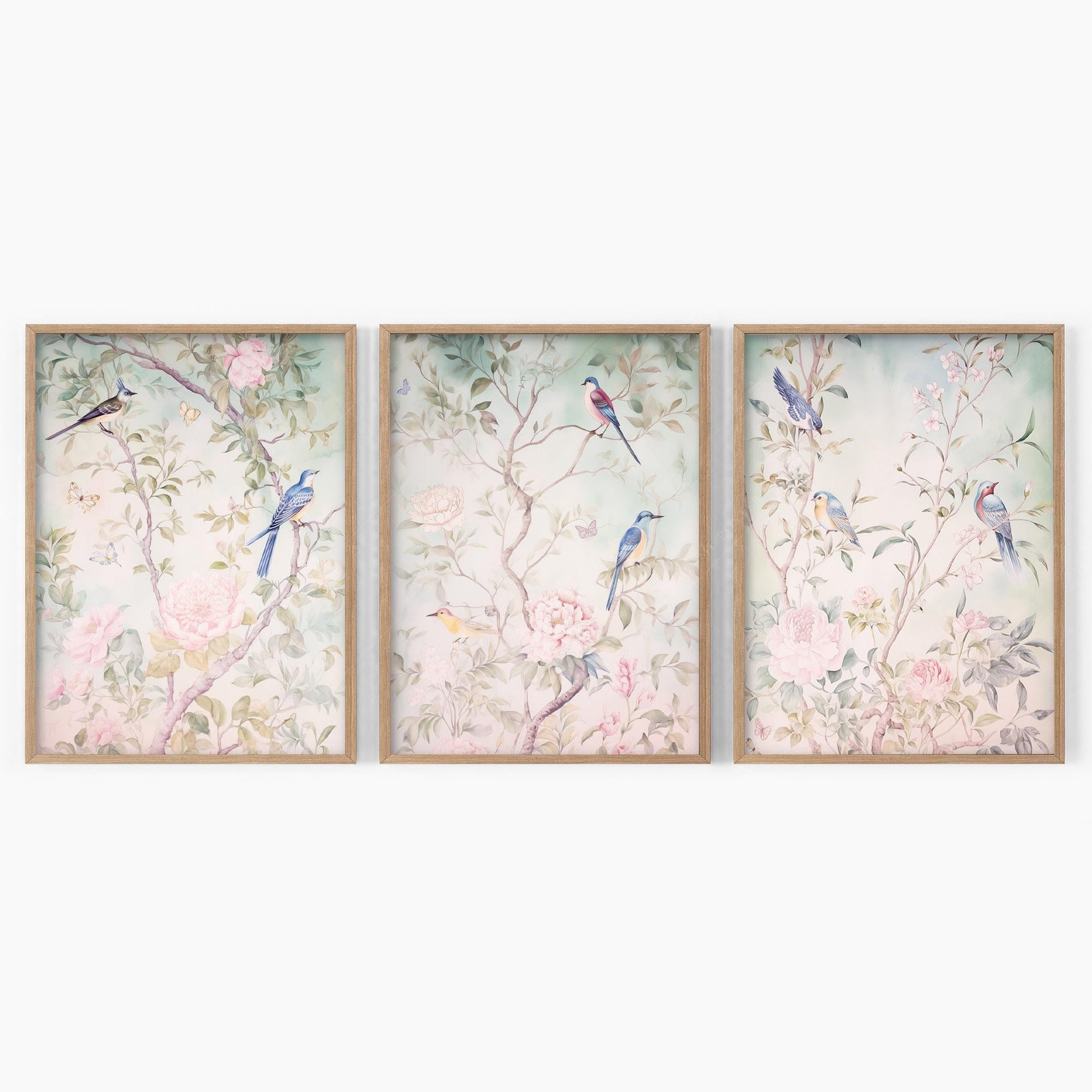 Chinoiserie Bird and Flower Art Prints Set of 3 – Elegant Wall Decor