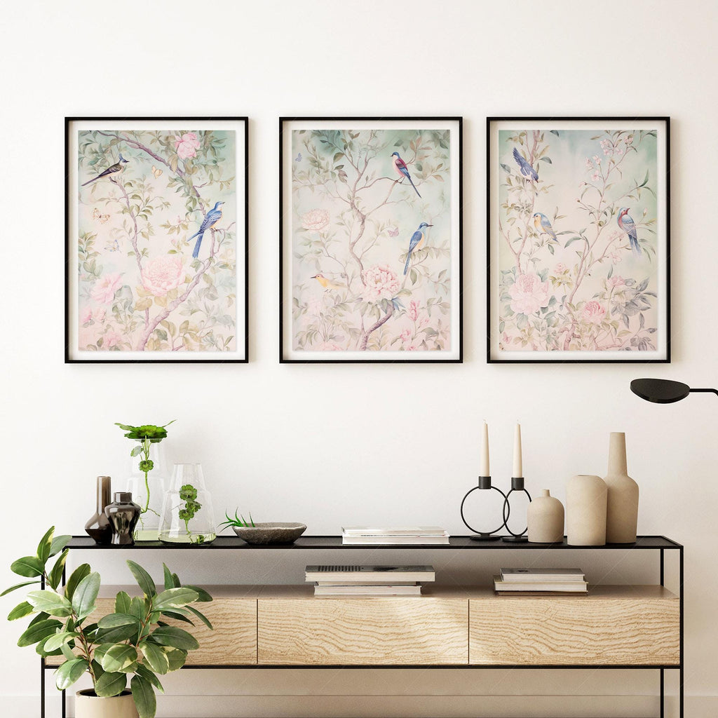 Chinoiserie Bird and Flower Art Prints Set of 3 – Elegant Wall Decor