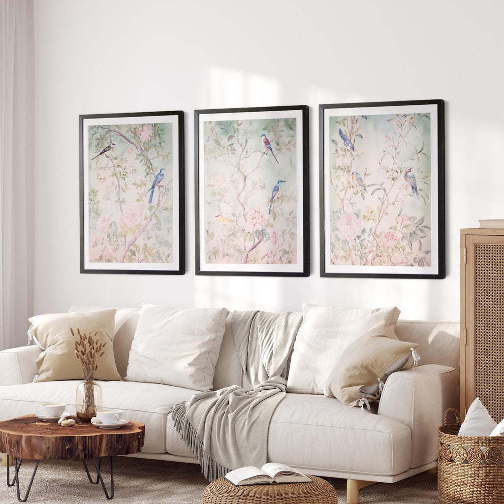 Chinoiserie Bird and Flower Art Prints Set of 3 – Elegant Wall Decor
