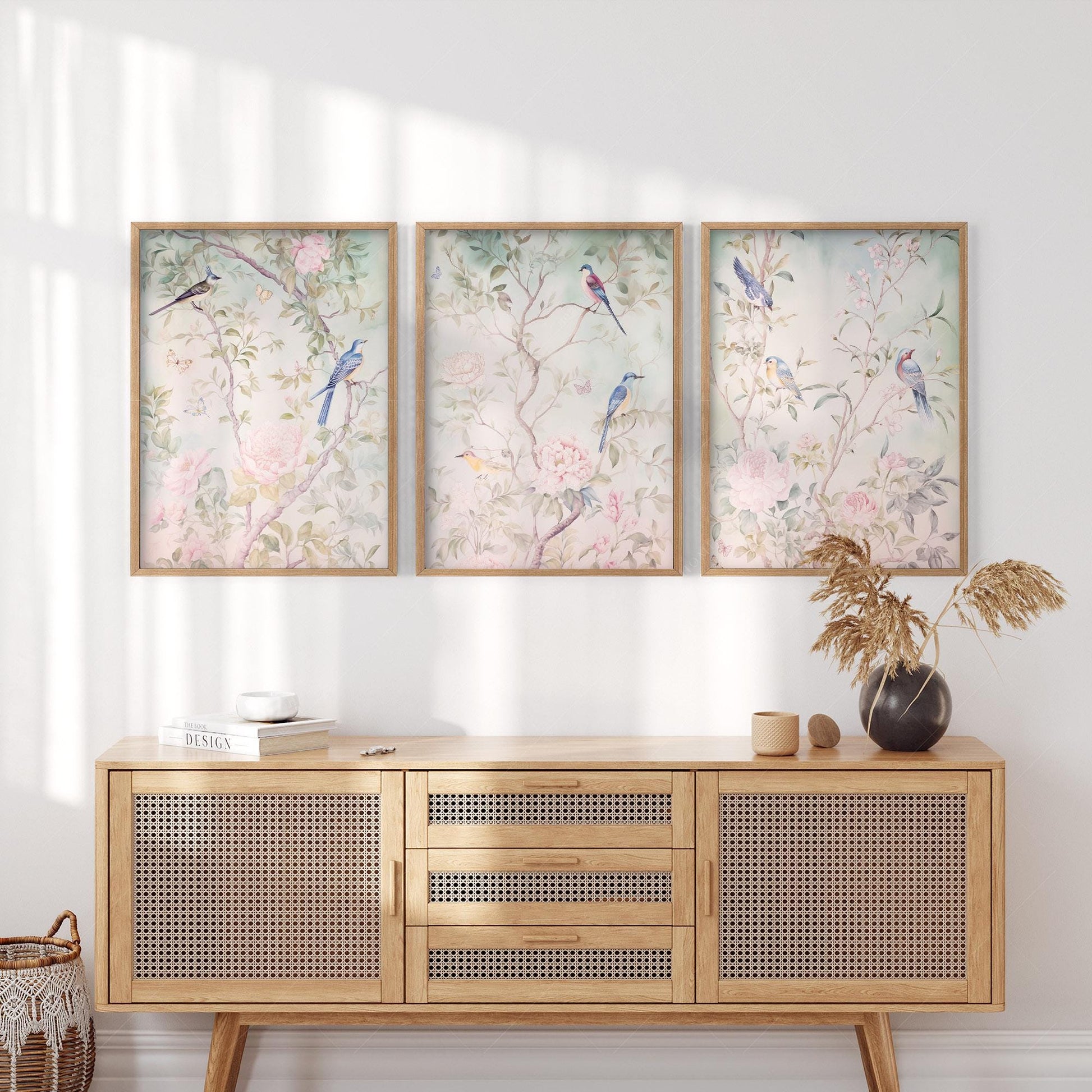 Chinoiserie Bird and Flower Art Prints Set of 3 – Elegant Wall Decor