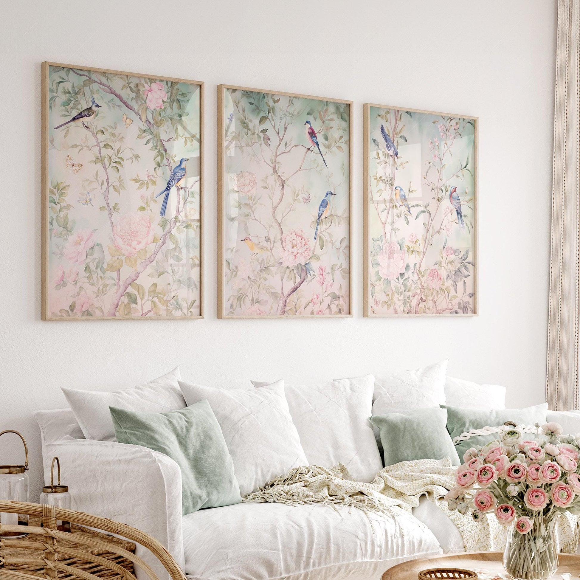 Chinoiserie Bird and Flower Art Prints Set of 3 – Elegant Wall Decor