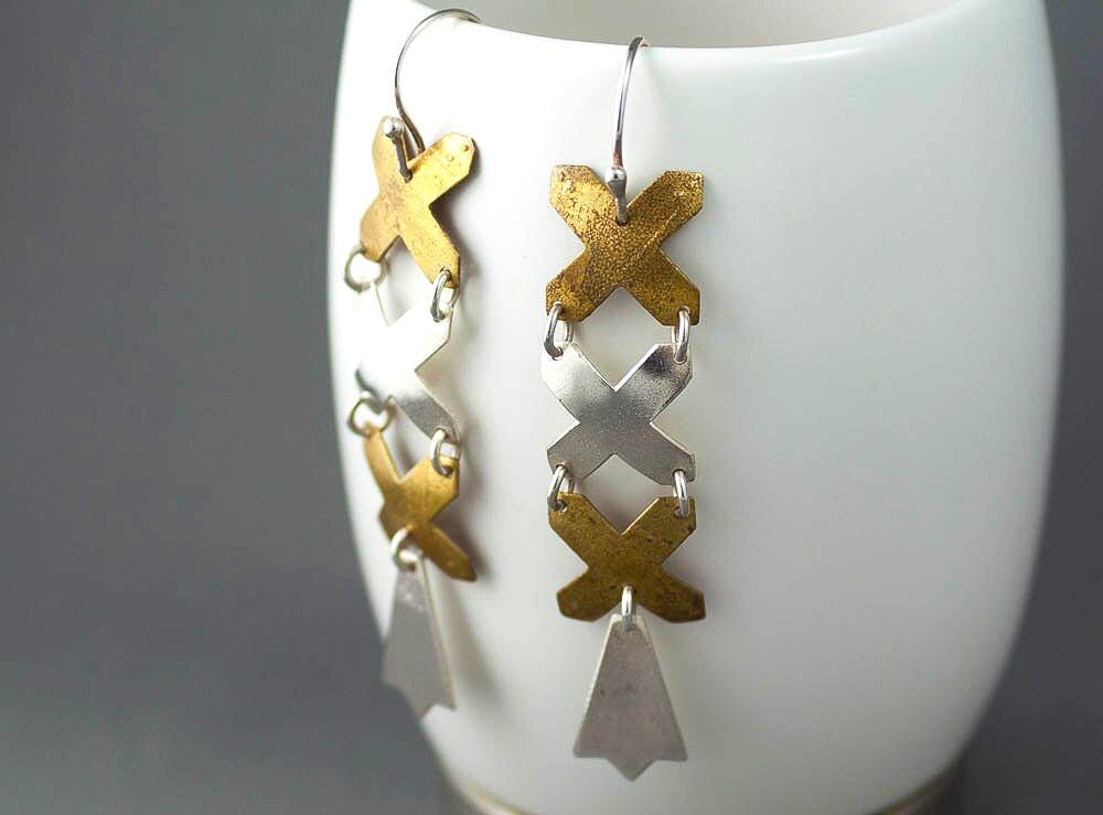 Boucles d'oreilles en argent X, boucles d'oreilles croix en argent et or, boucles d'oreilles 3 baisers, bijoux lettons, boucles d'oreilles tendance,