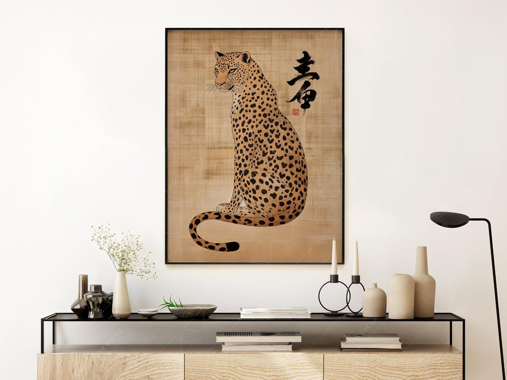 Japanese Leopard Sumi-e Art Print – Asian Ink Painting Zen Wall Decor