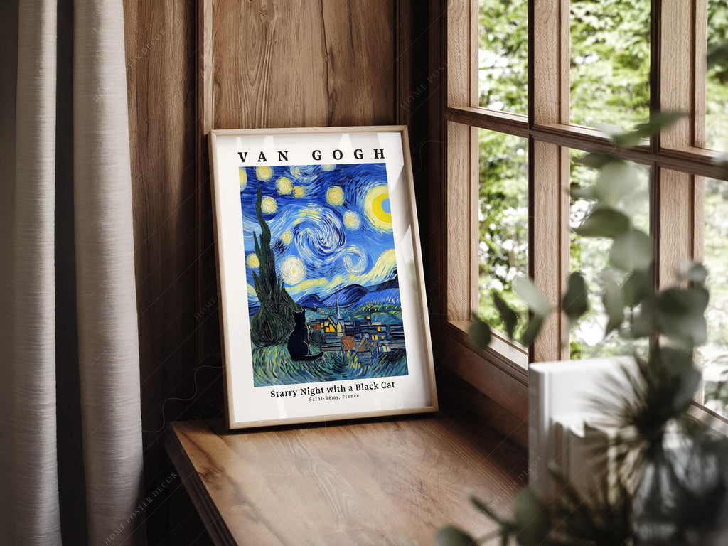 Van Gogh Starry Night with Black Cat Print – Funny Cat Lover Wall Art