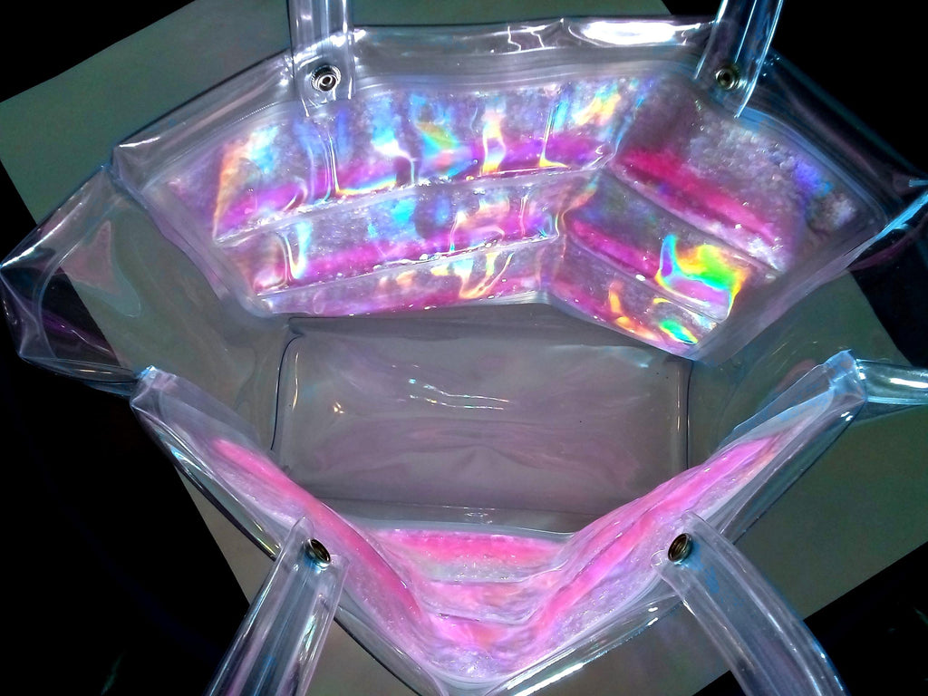 Liquid Glitter Love Tote Bag. Oversized Holographic Practical Laser Handbag with Pink & Iridescent Heart shimmer. Aurora Colours. Romantic !