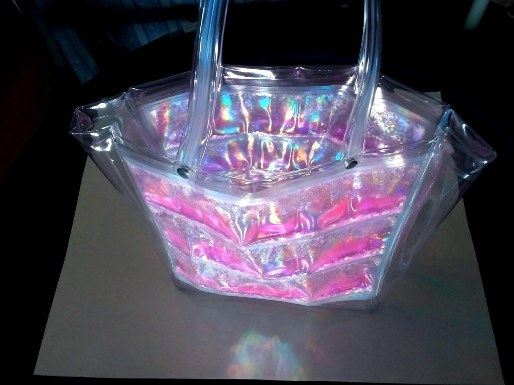 Liquid Glitter Love Tote Bag. Oversized Holographic Practical Laser Handbag with Pink & Iridescent Heart shimmer. Aurora Colours. Romantic !