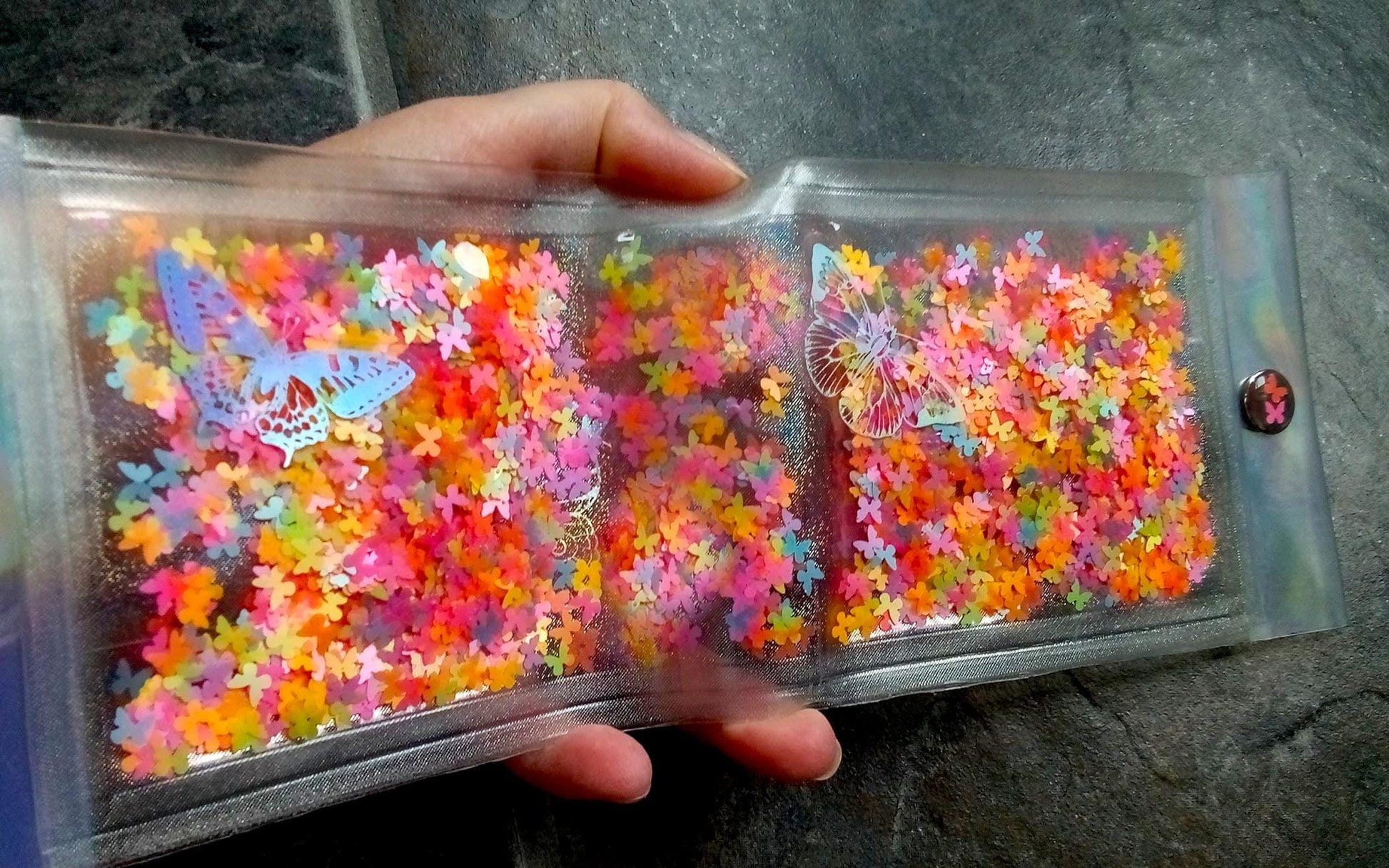 SALE! Liquid Glitter Jelly Wallet with Confetti Multicolor Neon Butterflies Shimmer & Iridescent Holographic Laser Holograms. Fluorescent !