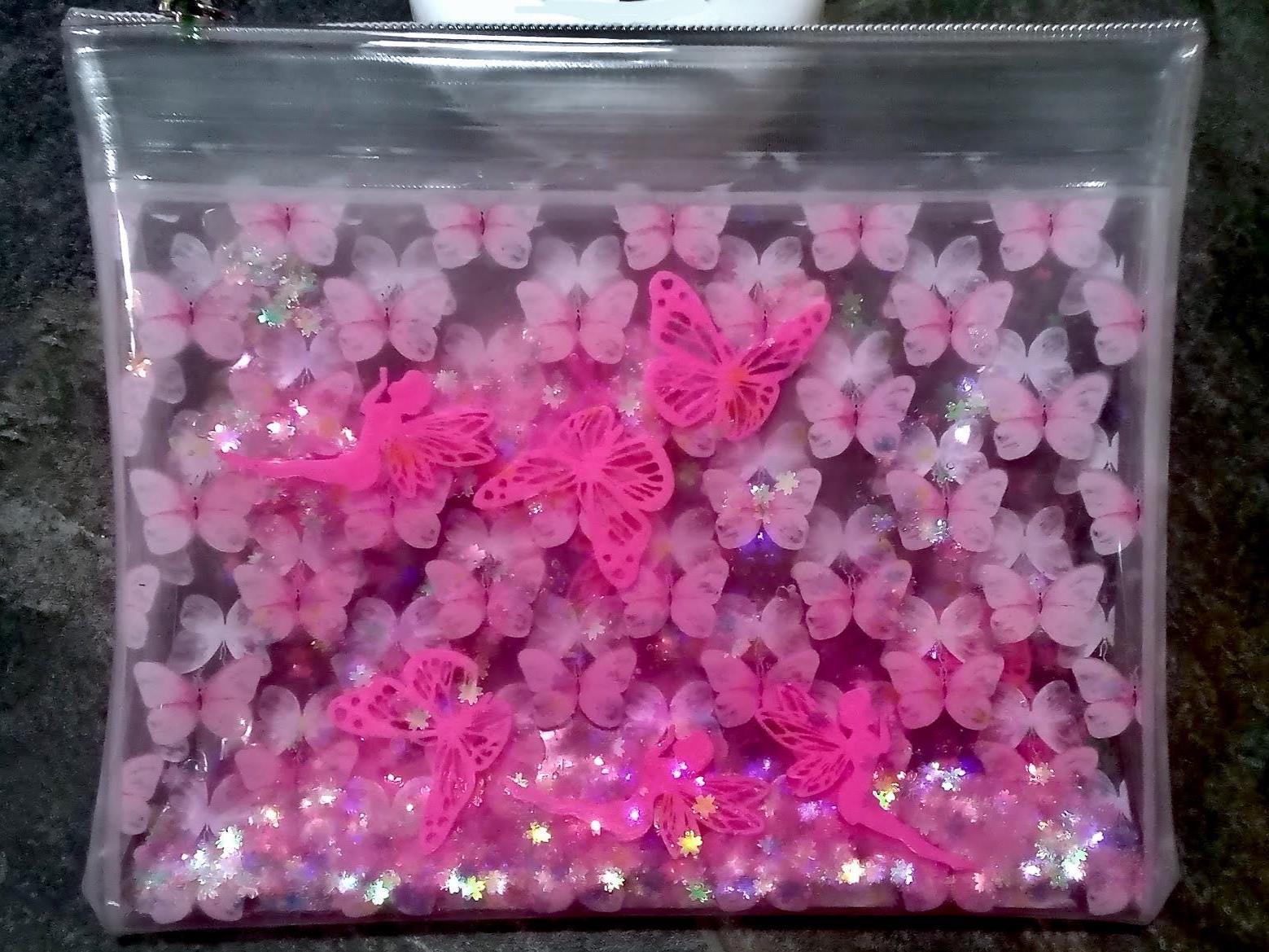 SALE! Liquid Glitter Cosmetic Pouch. Makeup Case Bag with Neon Pink Butterflies & Fairies + Iridescent Flower Shimmer Float in Printed Vinyl