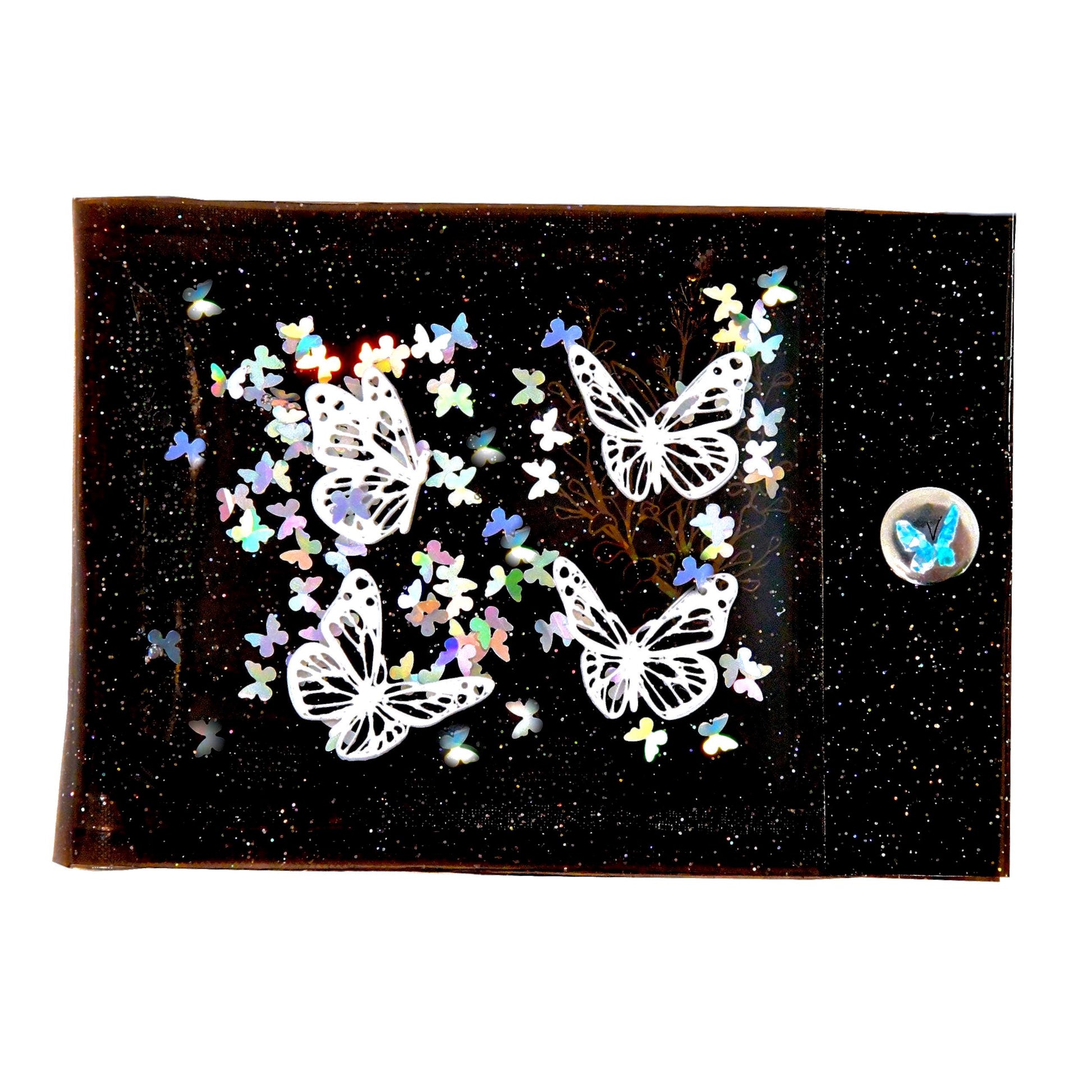 Liquid Glitter White Butterfly Wallet. Embellished Butterflies & Holographic Multicolor Rainbow Shimmer Float in Black Vinyl. 100% Handmade