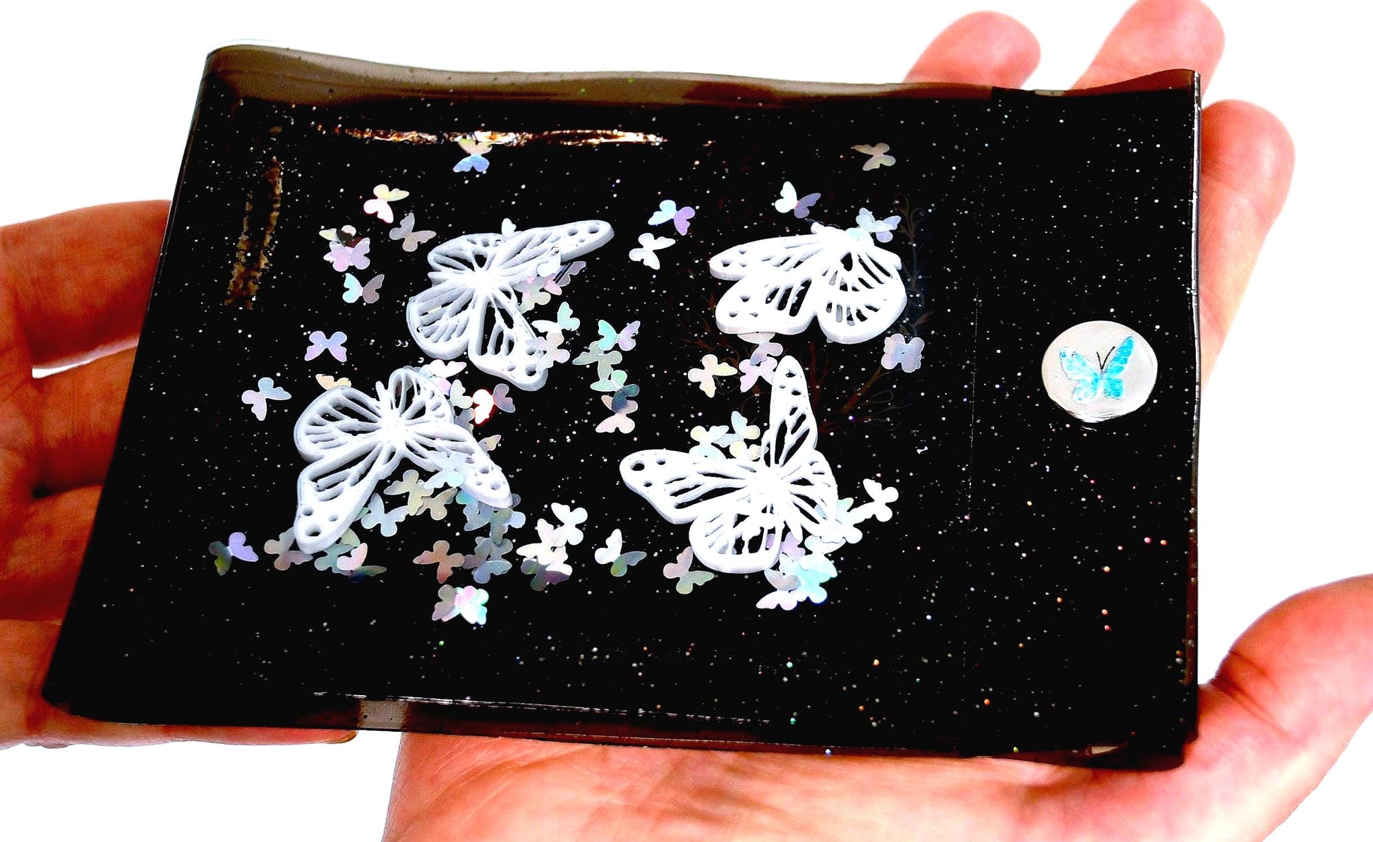 Liquid Glitter White Butterfly Wallet. Embellished Butterflies & Holographic Multicolor Rainbow Shimmer Float in Black Vinyl. 100% Handmade