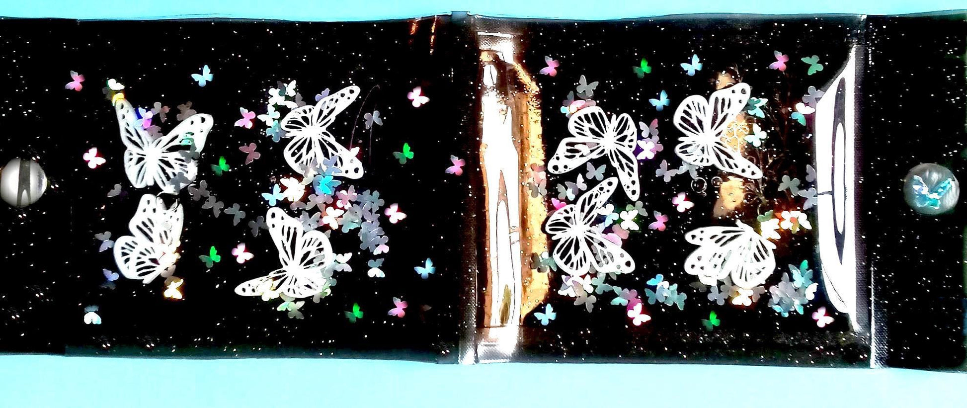 Liquid Glitter White Butterfly Wallet. Embellished Butterflies & Holographic Multicolor Rainbow Shimmer Float in Black Vinyl. 100% Handmade