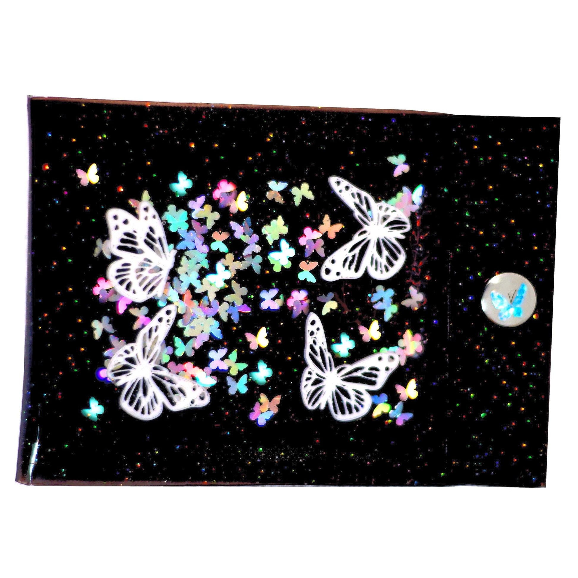 Liquid Glitter White Butterfly Wallet. Embellished Butterflies & Holographic Multicolor Rainbow Shimmer Float in Black Vinyl. 100% Handmade