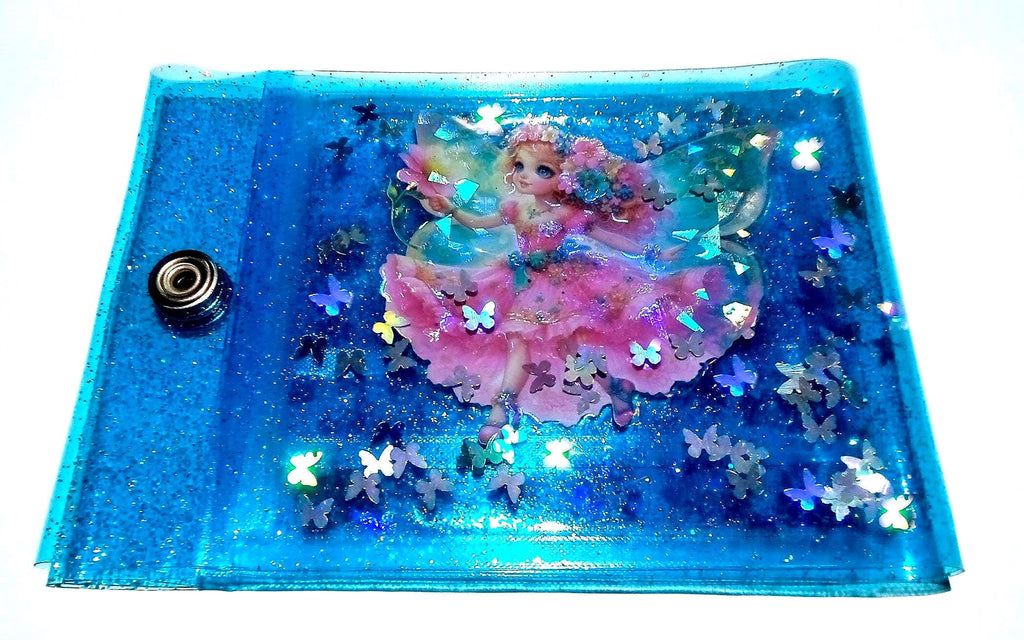 Liquid Glitter Jelly Elf Wallet. Multicoloured Flower Fairy + Holographic Butterfly Shimmer Float in Metallic Baby Blue Vinyl. LED Neon Case
