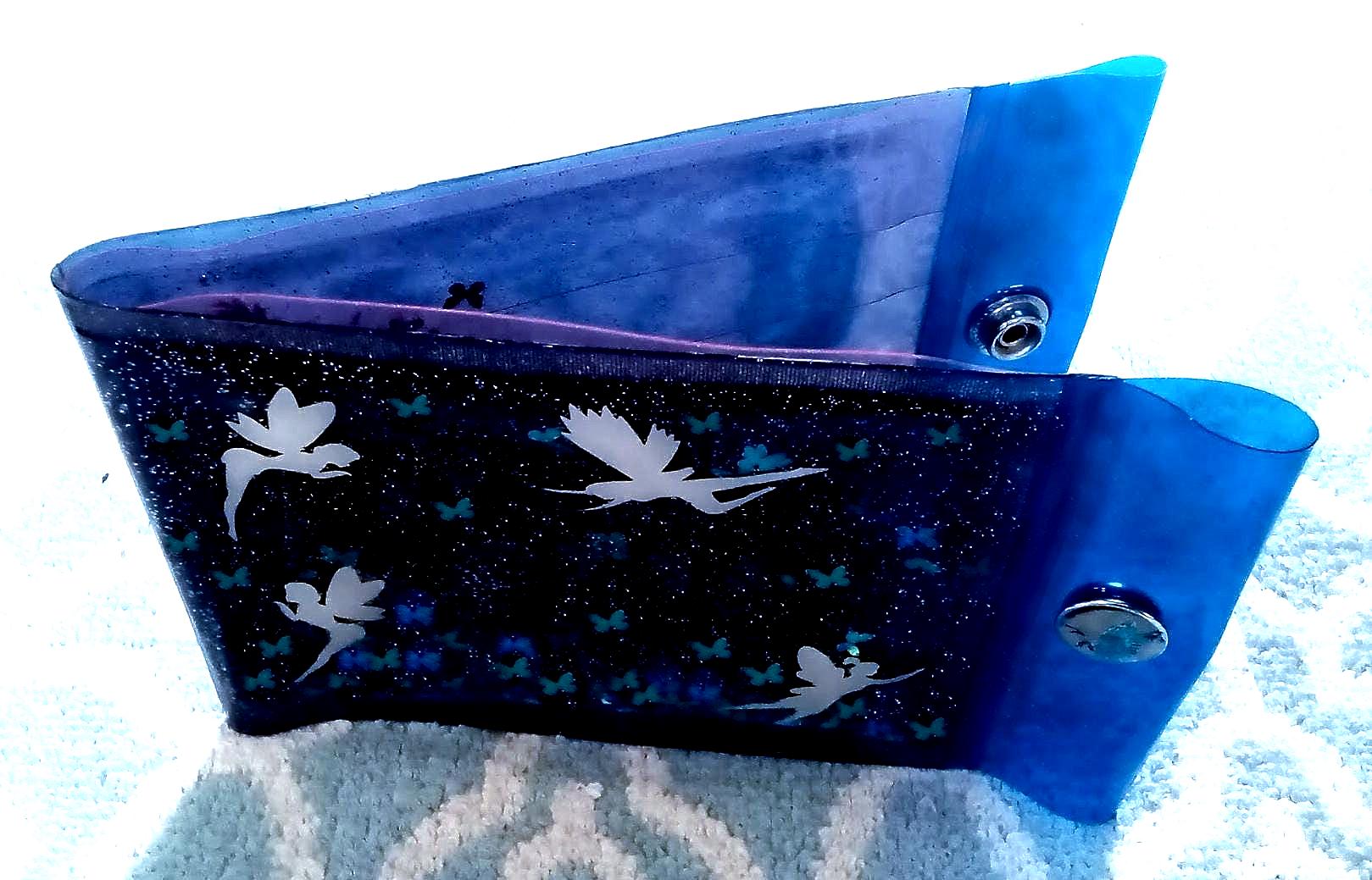 Glow in the Dark Liquid Jelly Wallet with Luminous White Fairies + Holographic Neon Blue Butterflies Sequins Shimmer. Radiant Embellishments