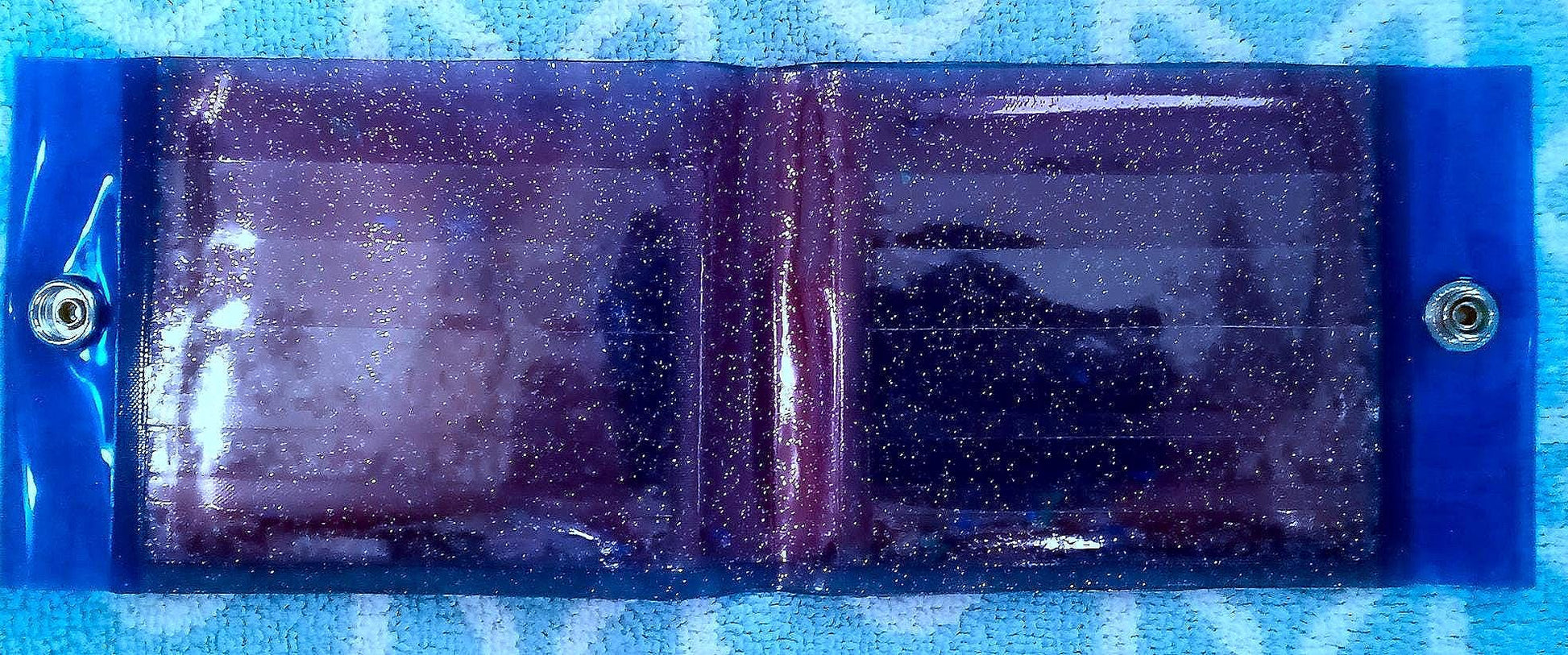 Glow in the Dark Liquid Jelly Wallet with Luminous White Fairies + Holographic Neon Blue Butterflies Sequins Shimmer. Radiant Embellishments