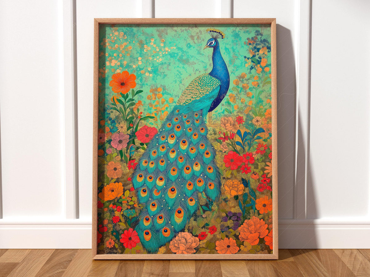 Colorful Peacock Garden Art Print – Vibrant Floral Wall Decor Poster