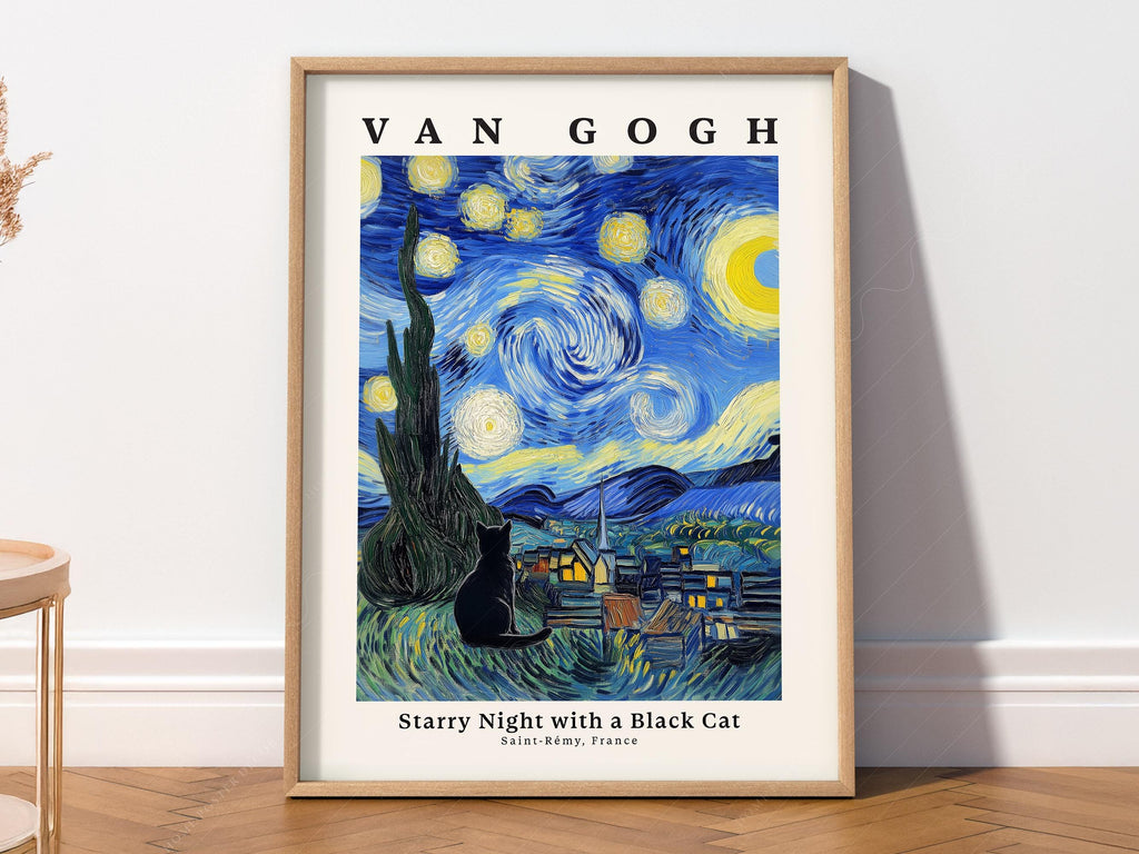 Van Gogh Starry Night with Black Cat Print – Funny Cat Lover Wall Art