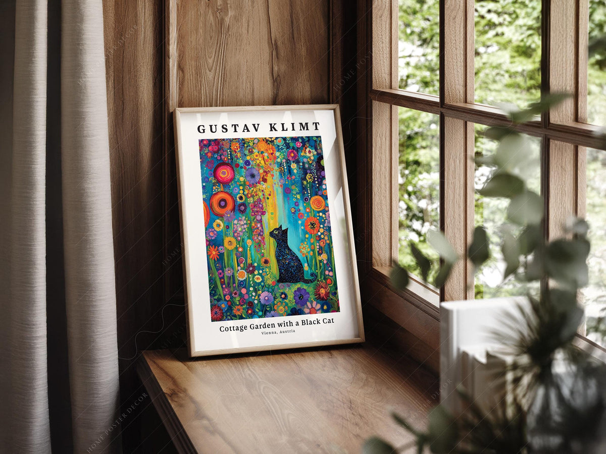 Gustav Klimt Cottage Garden with Black Cat Print – Colorful Wall Art