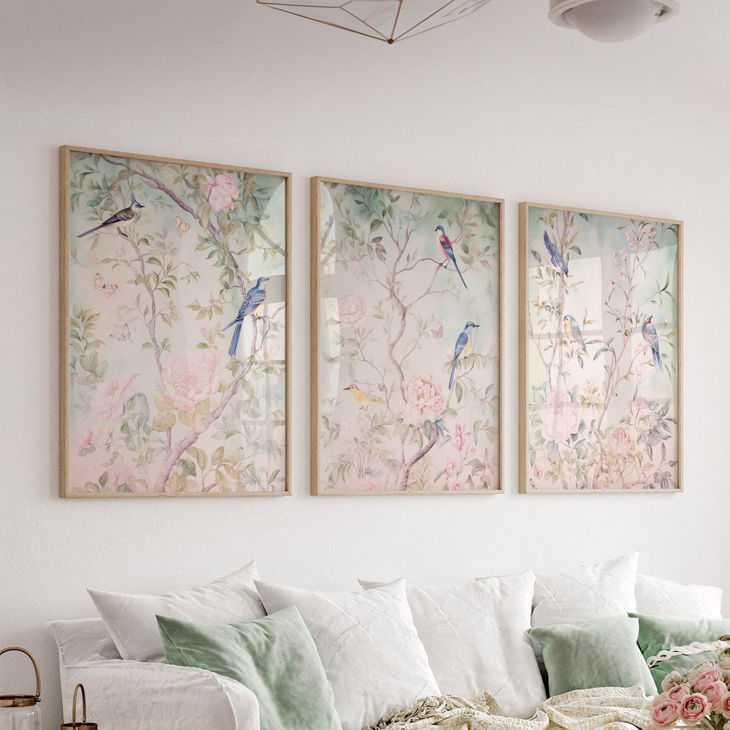 Chinoiserie Bird and Flower Art Prints Set of 3 – Elegant Wall Decor