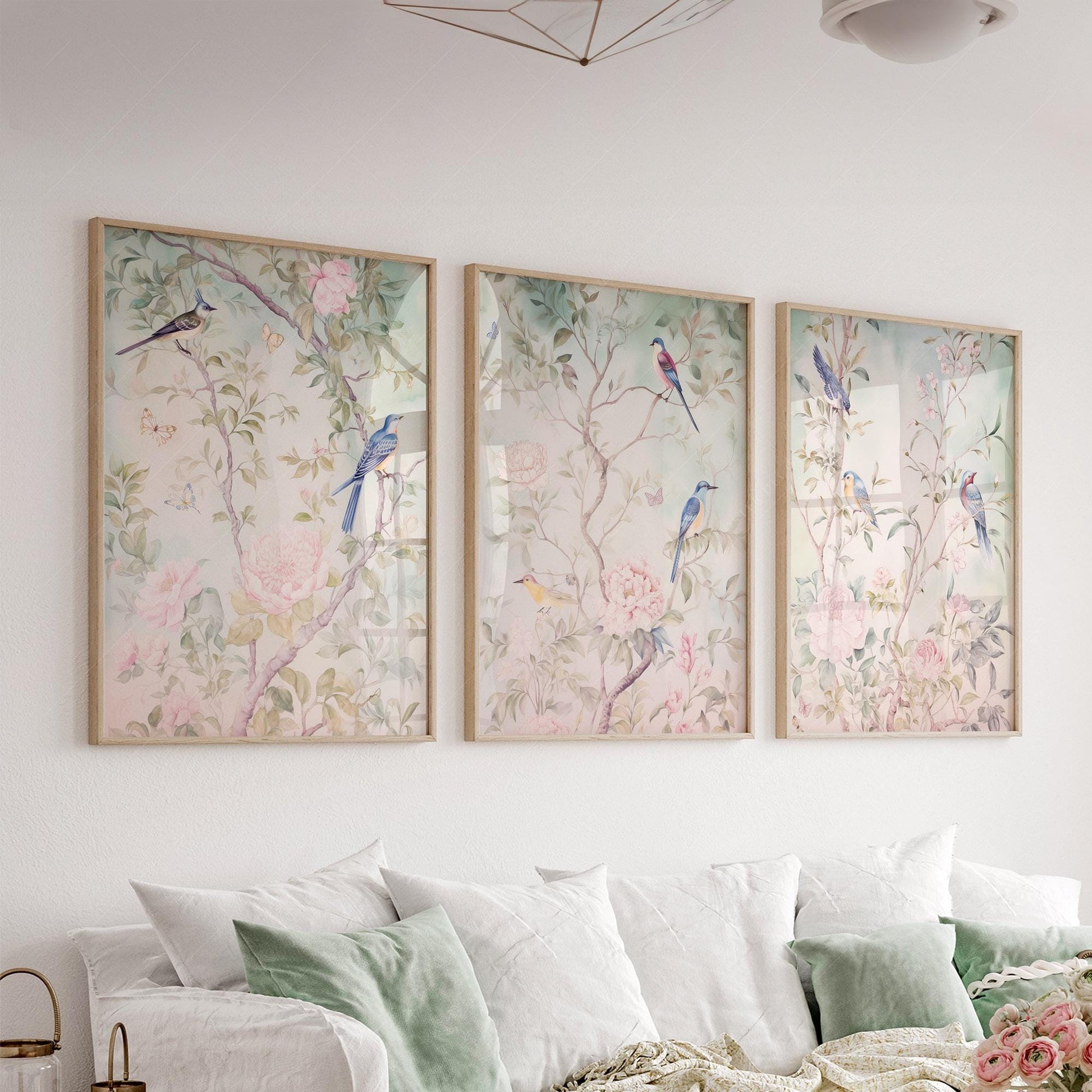 Chinoiserie Bird and Flower Art Prints Set of 3 – Elegant Wall Decor