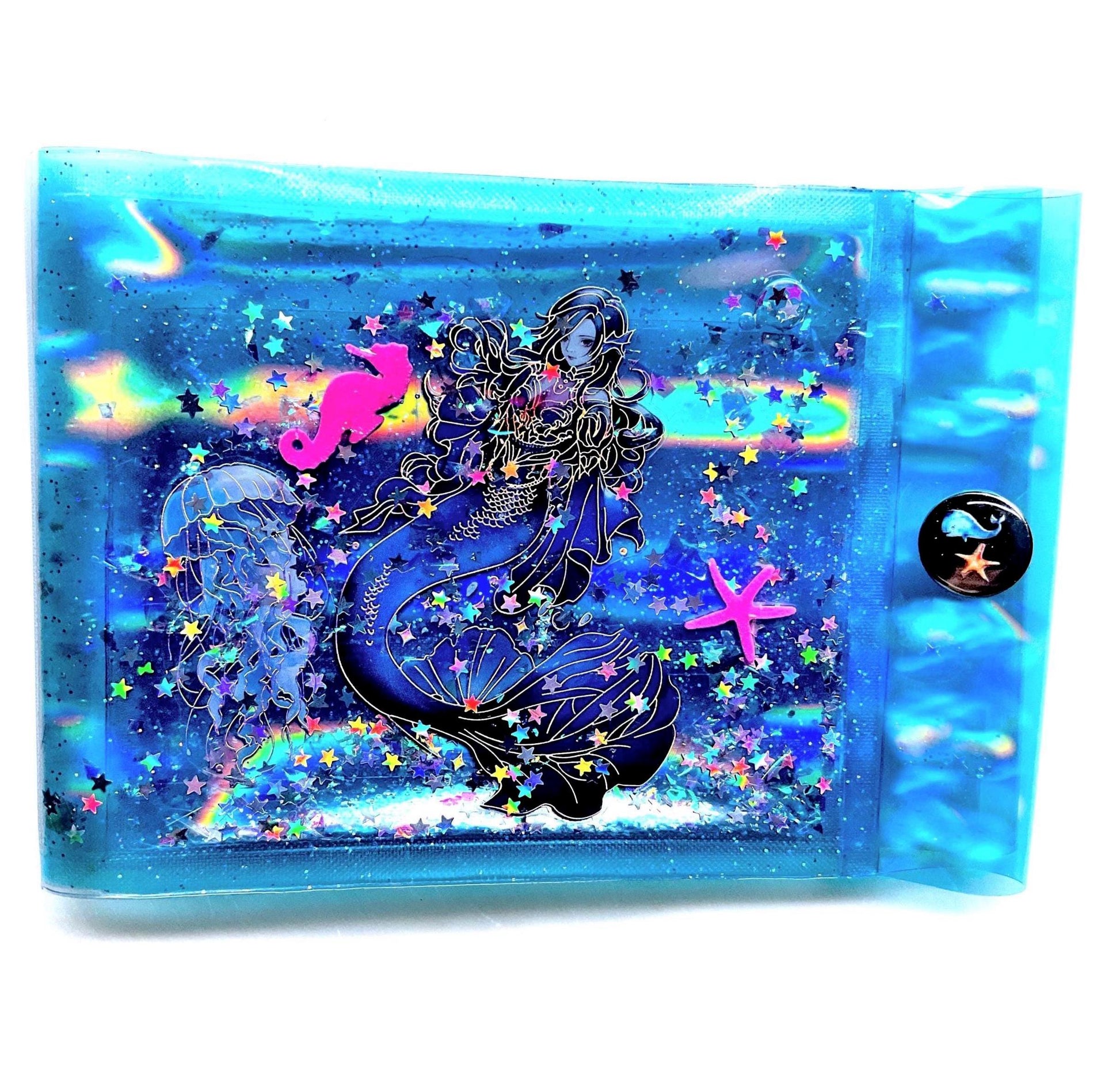 Liquid Glitter Mermaid Wallet. Oceanic Sensory Accessory. Holographic Siren Jellyfish + Pink Seahorses Float with Star Shimmer in Real Waves