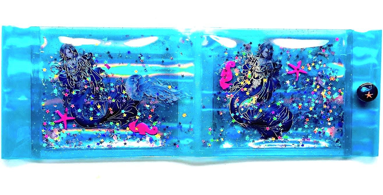 Liquid Glitter Mermaid Wallet. Oceanic Sensory Accessory. Holographic Siren Jellyfish + Pink Seahorses Float with Star Shimmer in Real Waves