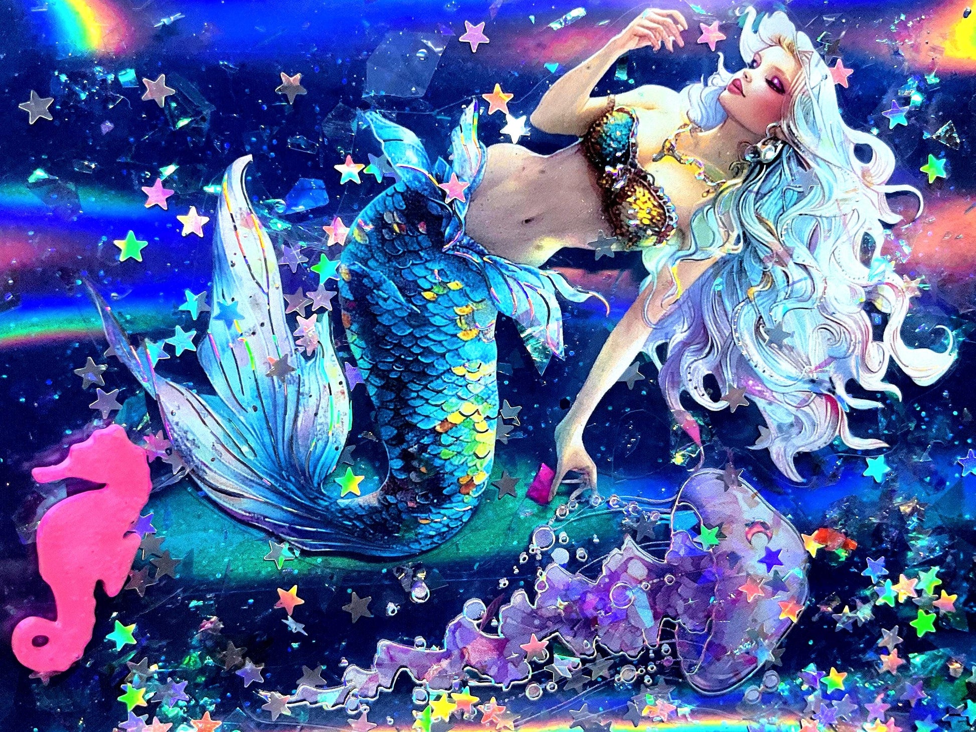 Liquid Glitter Jelly Mermaid Wallet. Ocean Accessory. Holographic Siren Jellyfish Pink Seahorse Float with Silver Star Shimmer in Sea Waves