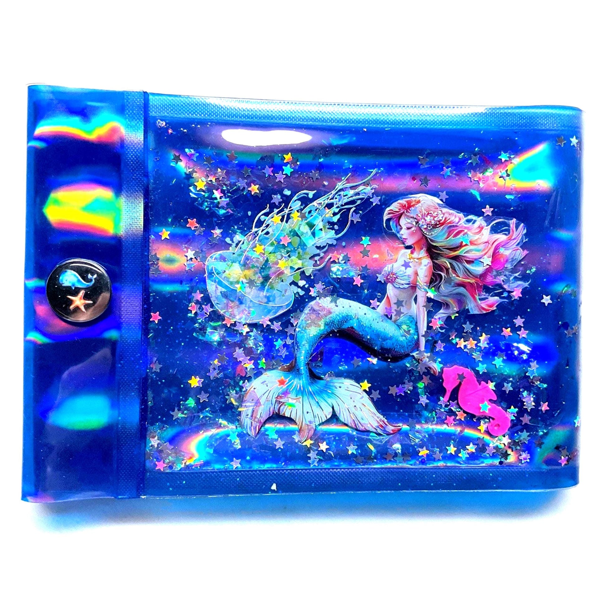 Liquid Glitter Jelly Mermaid Wallet. Ocean Accessory. Holographic Siren Jellyfish Pink Seahorse Float with Silver Star Shimmer in Sea Waves