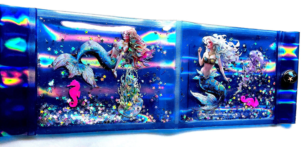 Liquid Glitter Jelly Mermaid Wallet. Ocean Accessory. Holographic Siren Jellyfish Pink Seahorse Float with Silver Star Shimmer in Sea Waves