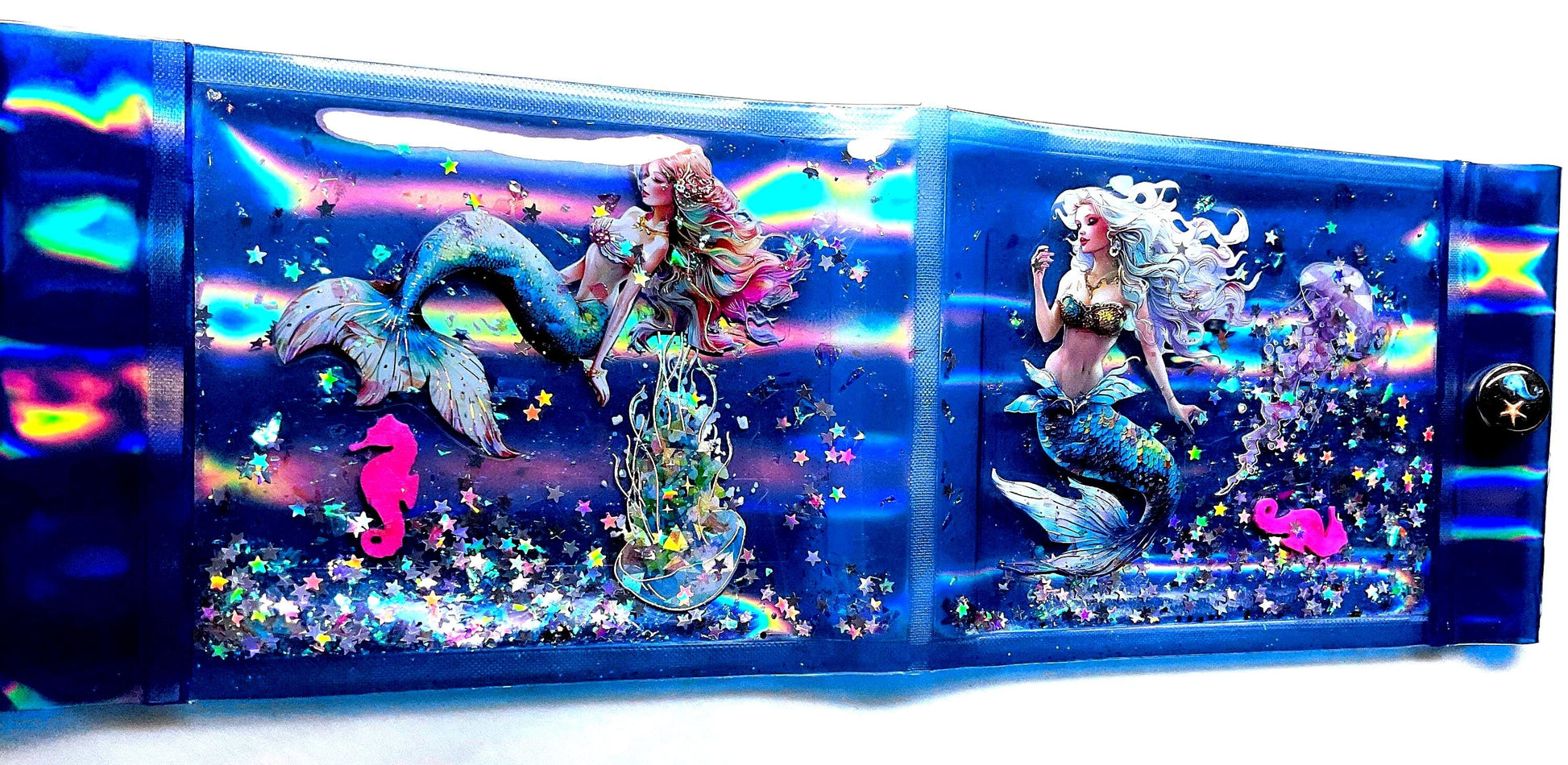 Liquid Glitter Jelly Mermaid Wallet. Ocean Accessory. Holographic Siren Jellyfish Pink Seahorse Float with Silver Star Shimmer in Sea Waves