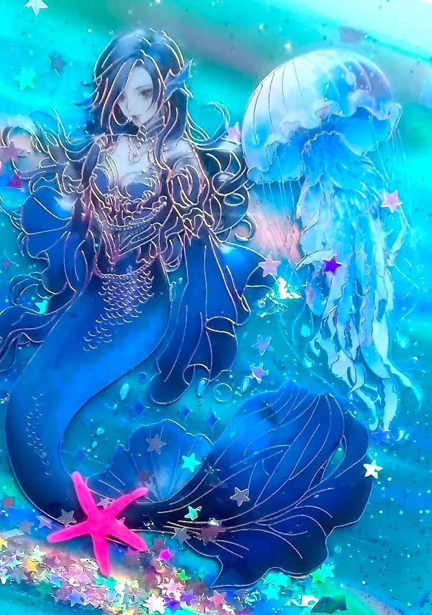 Liquid Glitter Mermaid Wallet. Oceanic Sensory Accessory. Holographic Siren Jellyfish + Pink Seahorses Float with Star Shimmer in Real Waves