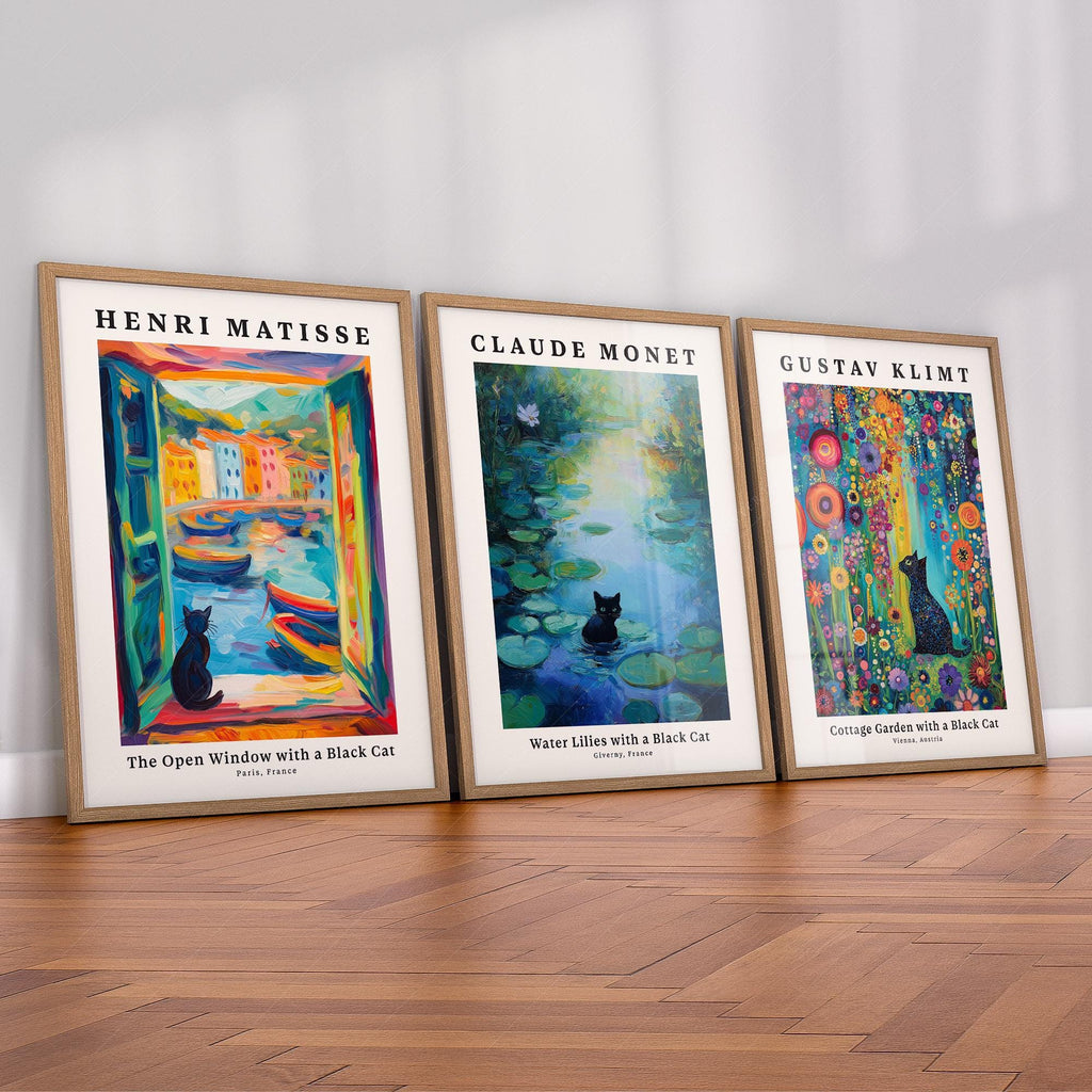 Black Cat Art Print Set of 3 – Matisse Monet Klimt Style Wall Art