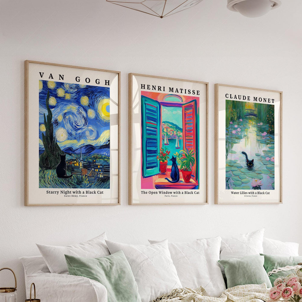 Black Cat Art Print Set – Van Gogh Matisse Monet Inspired Wall Art