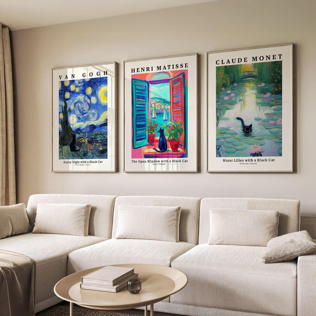 Black Cat Art Print Set – Van Gogh Matisse Monet Inspired Wall Art