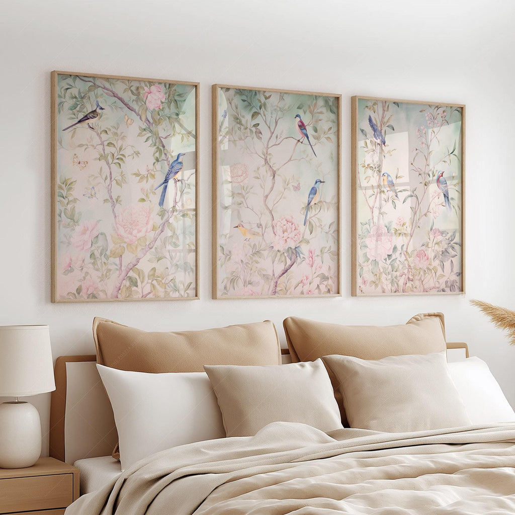 Chinoiserie Bird and Flower Art Prints Set of 3 – Elegant Wall Decor