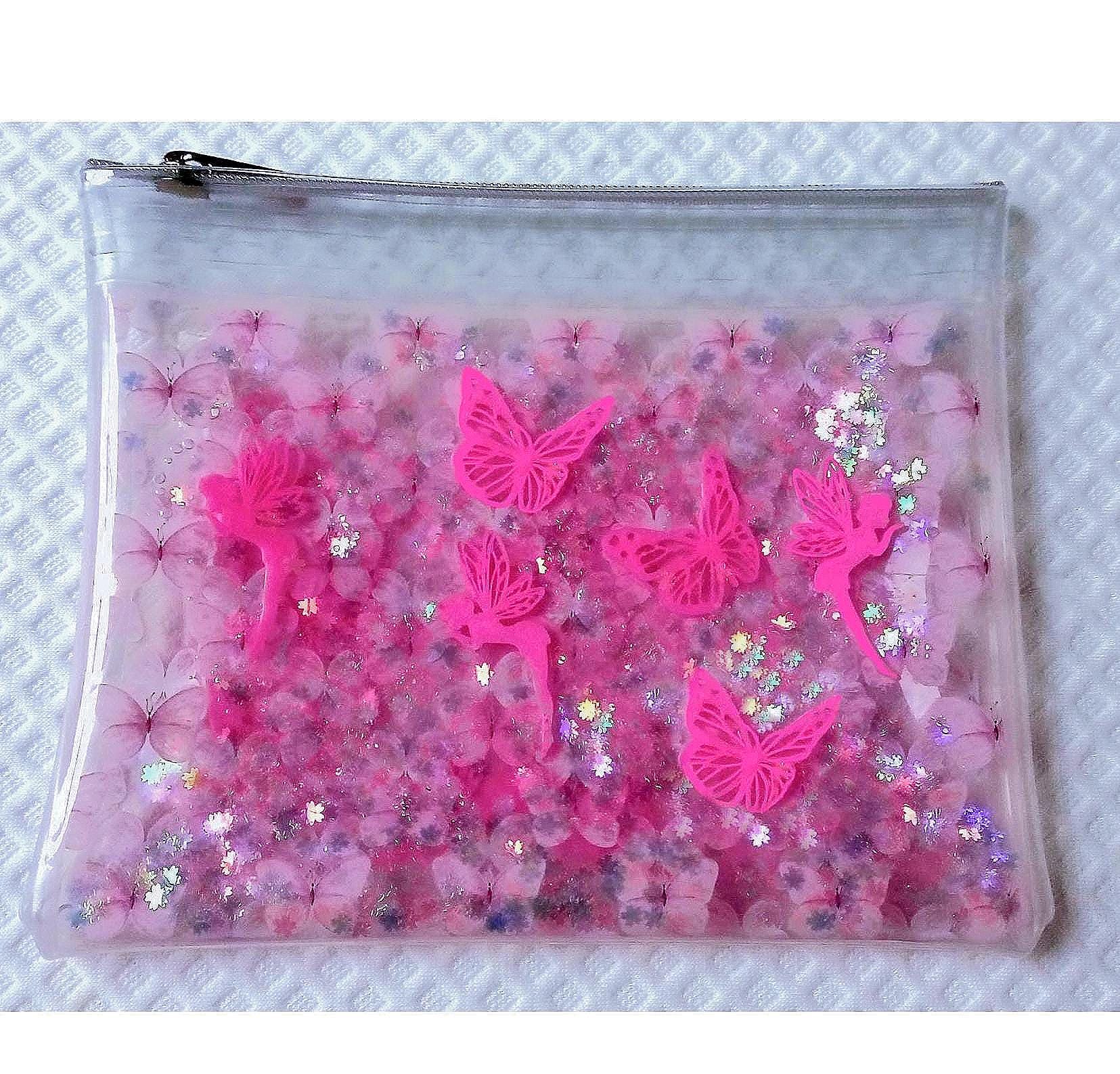 SALE! Liquid Glitter Cosmetic Pouch. Makeup Case Bag with Neon Pink Butterflies & Fairies + Iridescent Flower Shimmer Float in Printed Vinyl