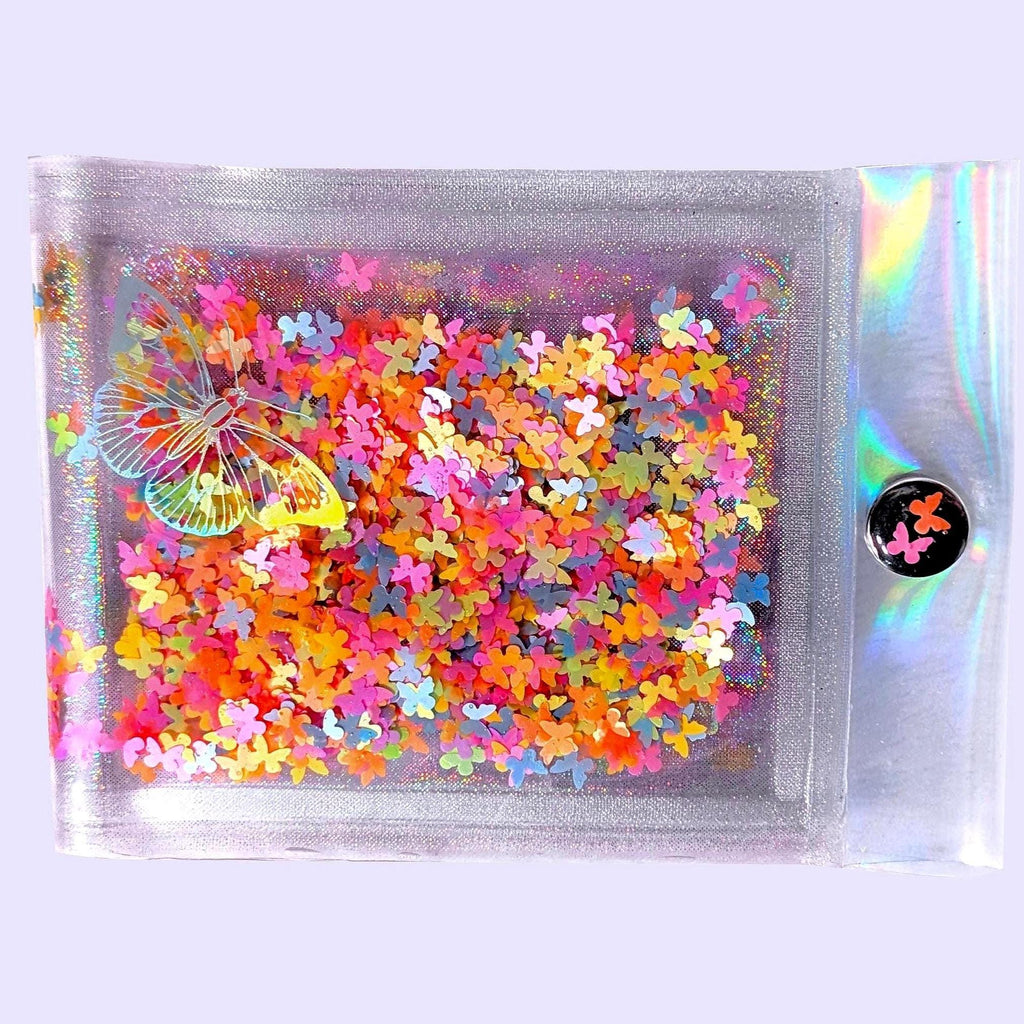 SALE! Liquid Glitter Jelly Wallet with Confetti Multicolor Neon Butterflies Shimmer & Iridescent Holographic Laser Holograms. Fluorescent !