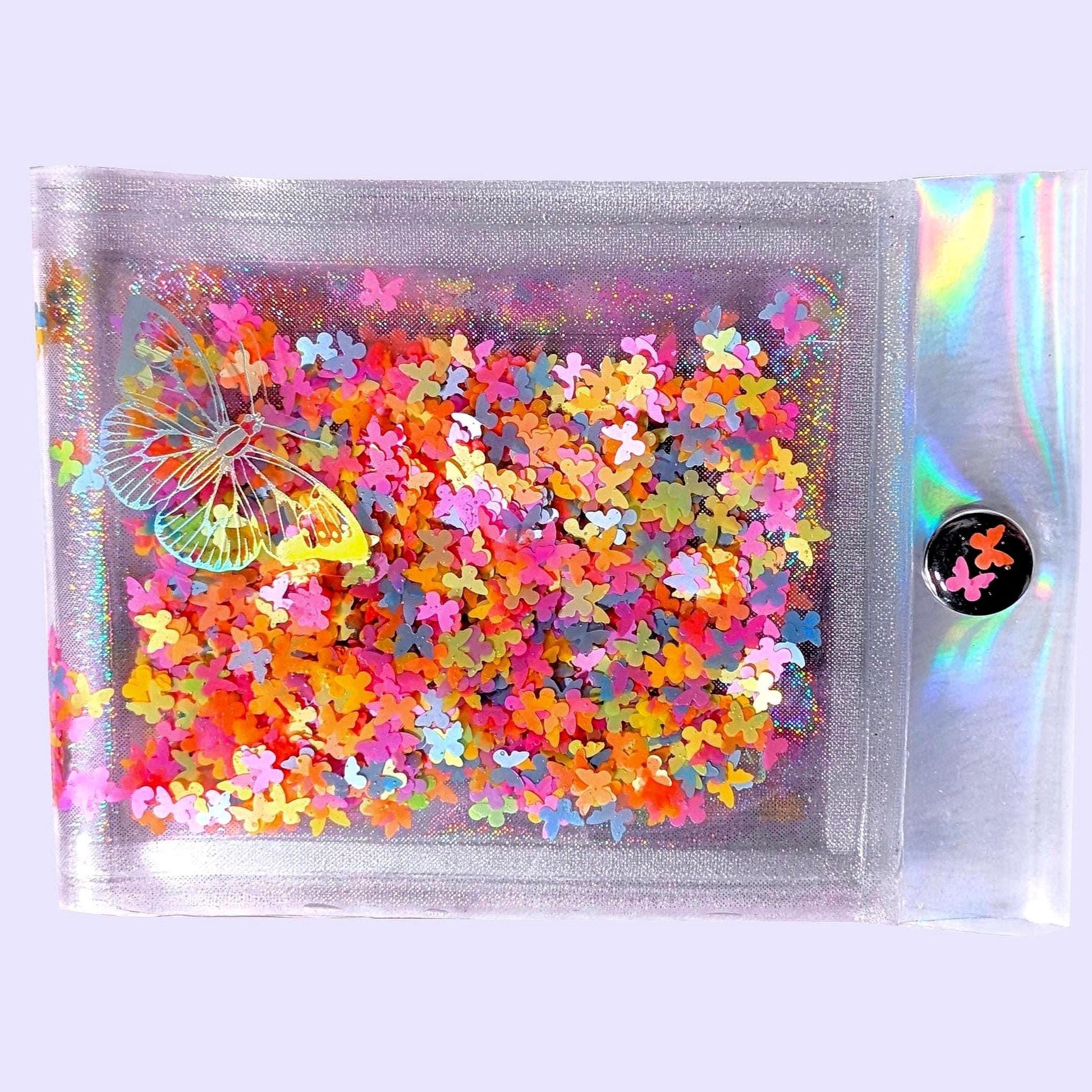 SALE! Liquid Glitter Jelly Wallet with Confetti Multicolor Neon Butterflies Shimmer & Iridescent Holographic Laser Holograms. Fluorescent !