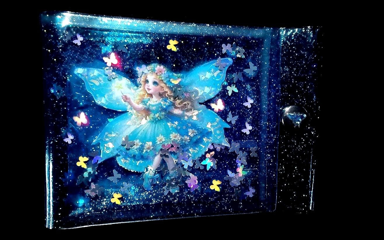 Liquid Glitter Jelly Elf Wallet. Multicoloured Flower Fairy + Holographic Butterfly Shimmer Float in Metallic Baby Blue Vinyl. LED Neon Case