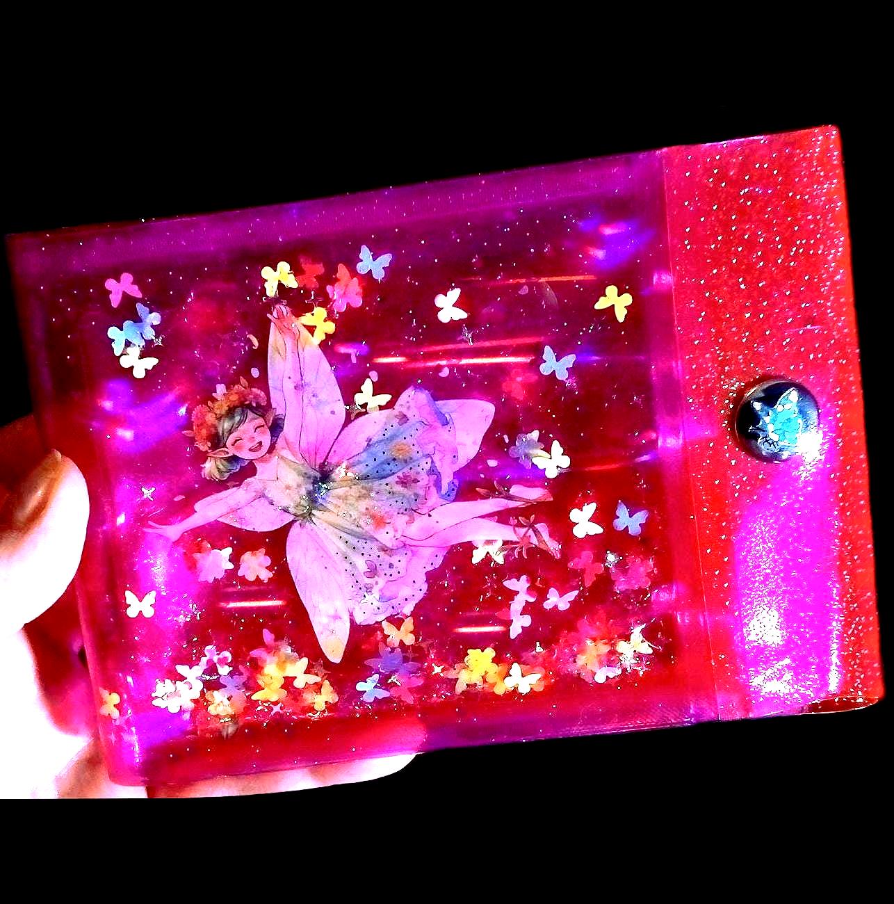 Large Liquid Glitter Jelly Elf Wallet. Multicolor Flower Elves Fairies & Butterfly Shimmer in Holographic Hot Pink Vinyl. Sensory Accessory