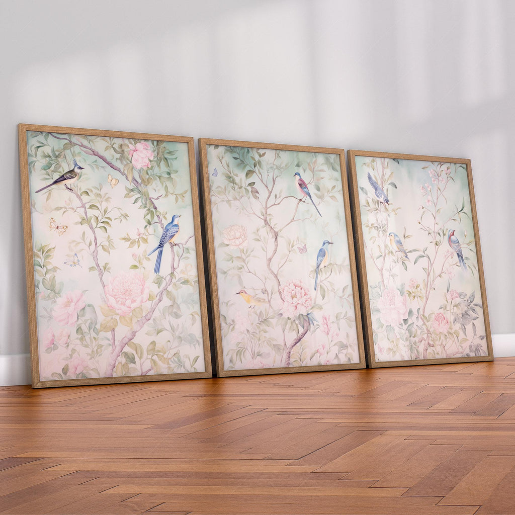 Chinoiserie Bird and Flower Art Prints Set of 3 – Elegant Wall Decor