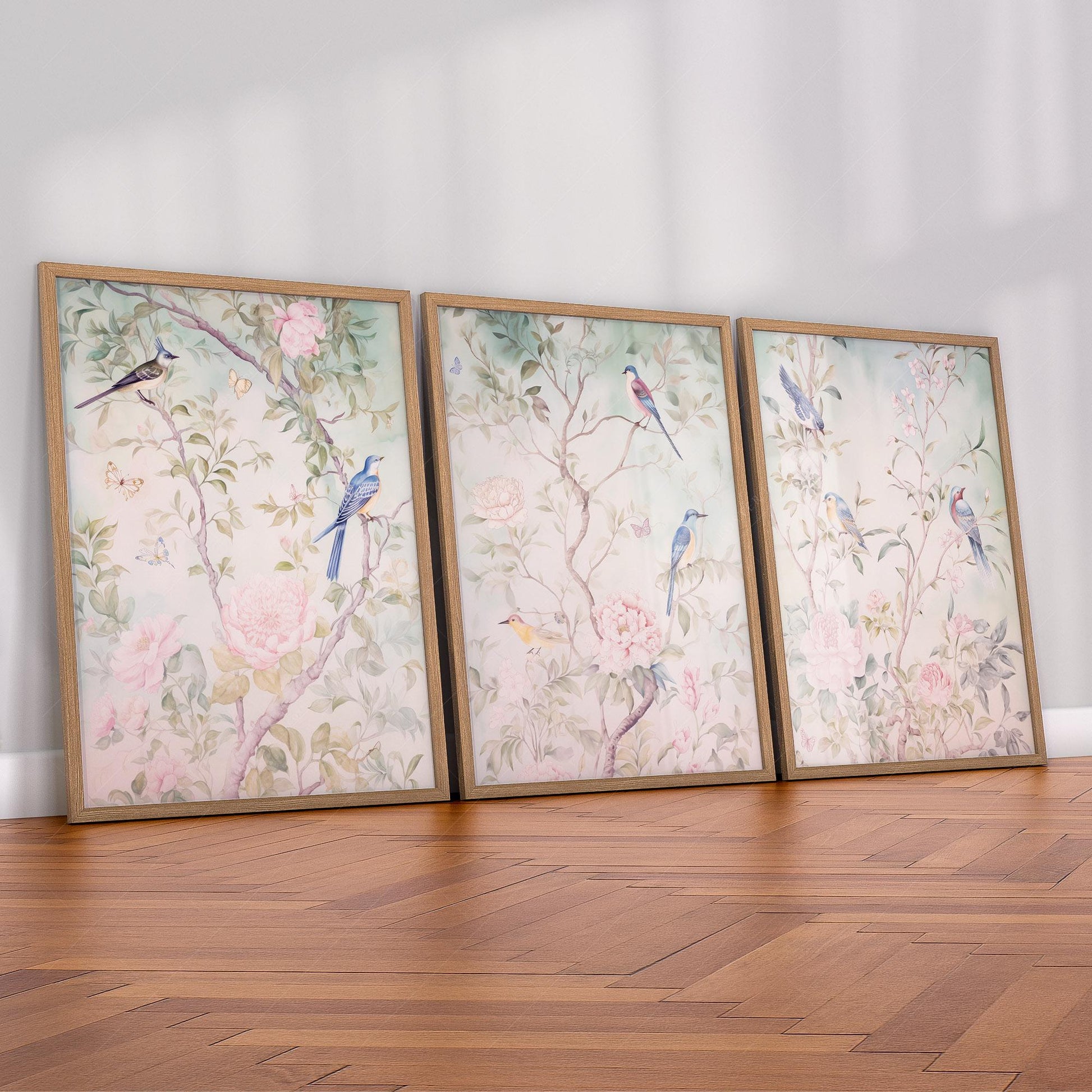 Chinoiserie Bird and Flower Art Prints Set of 3 – Elegant Wall Decor