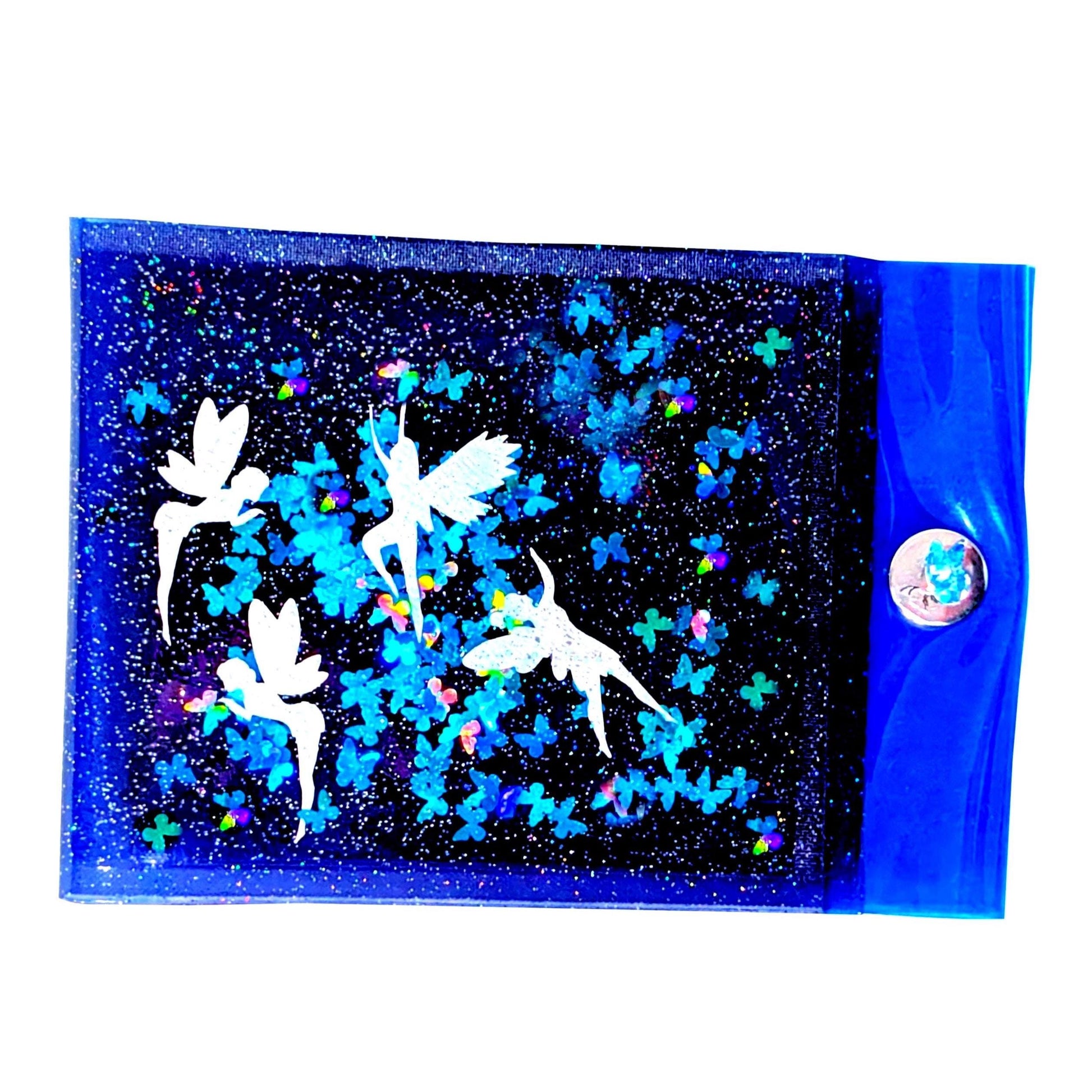 Glow in the Dark Liquid Jelly Wallet with Luminous White Fairies + Holographic Neon Blue Butterflies Sequins Shimmer. Radiant Embellishments