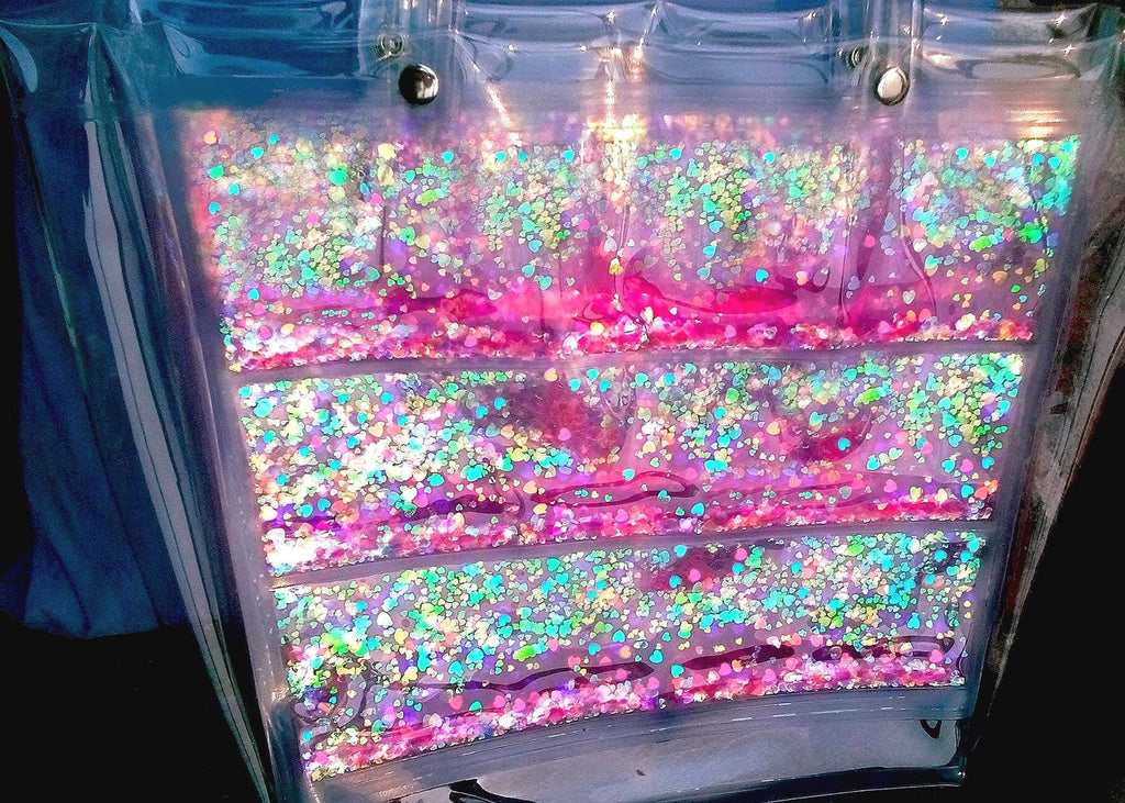 Liquid Glitter Love Tote Bag. Oversized Holographic Practical Laser Handbag with Pink & Iridescent Heart shimmer. Aurora Colours. Romantic !